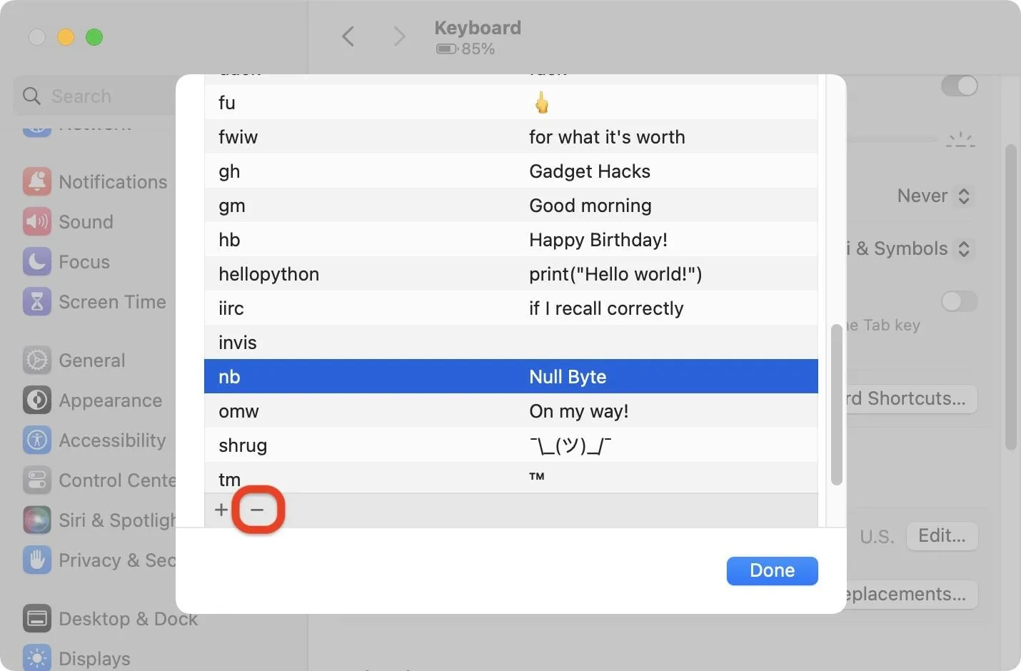 Keyboard shortcuts and symbols menu in a digital interface.