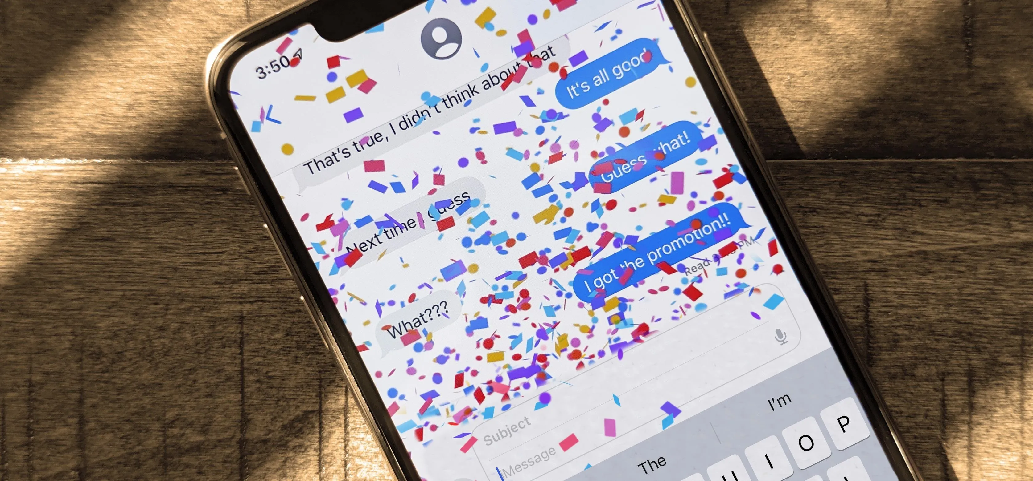 Colorful confetti on a smartphone screen displaying text messages.