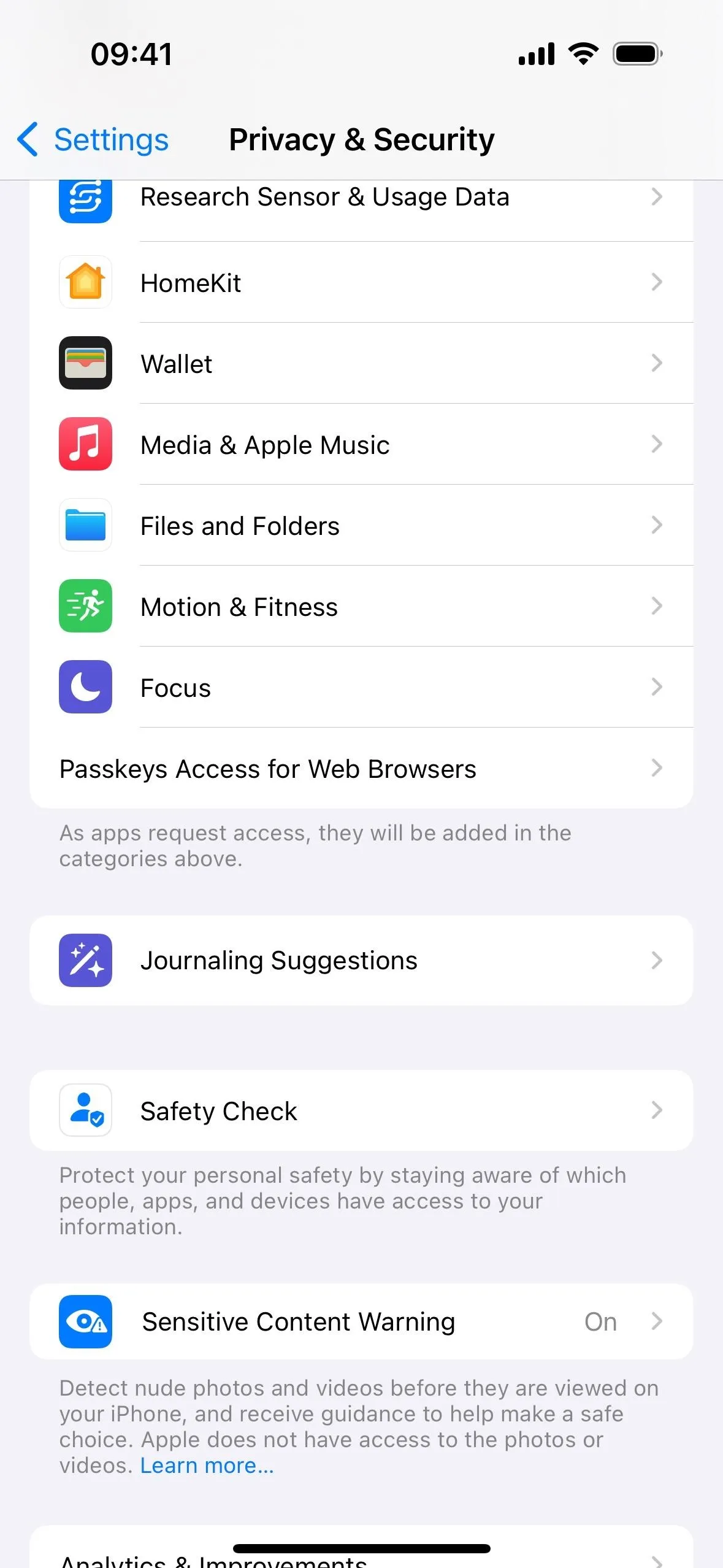 Settings menu displaying privacy and security options on a mobile device.