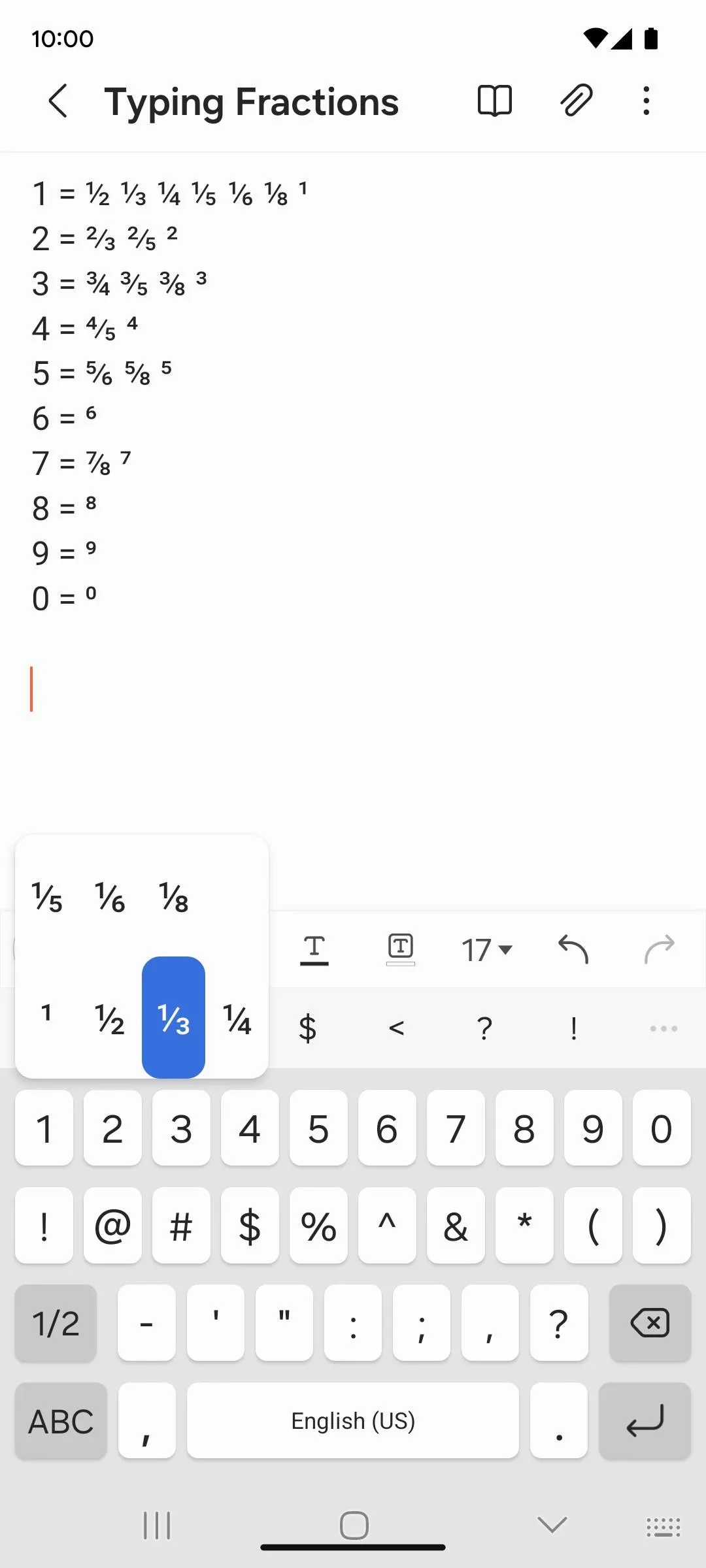 Typing fractions on a mobile device.