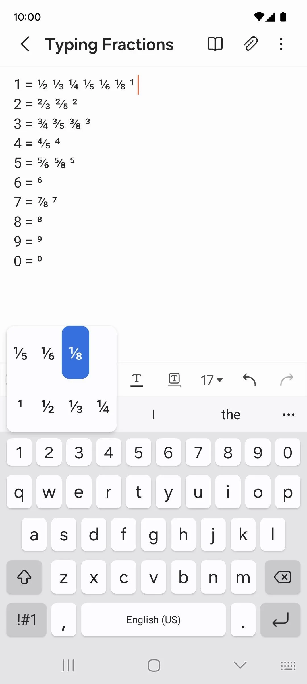 Typing fractions on a mobile device keyboard.