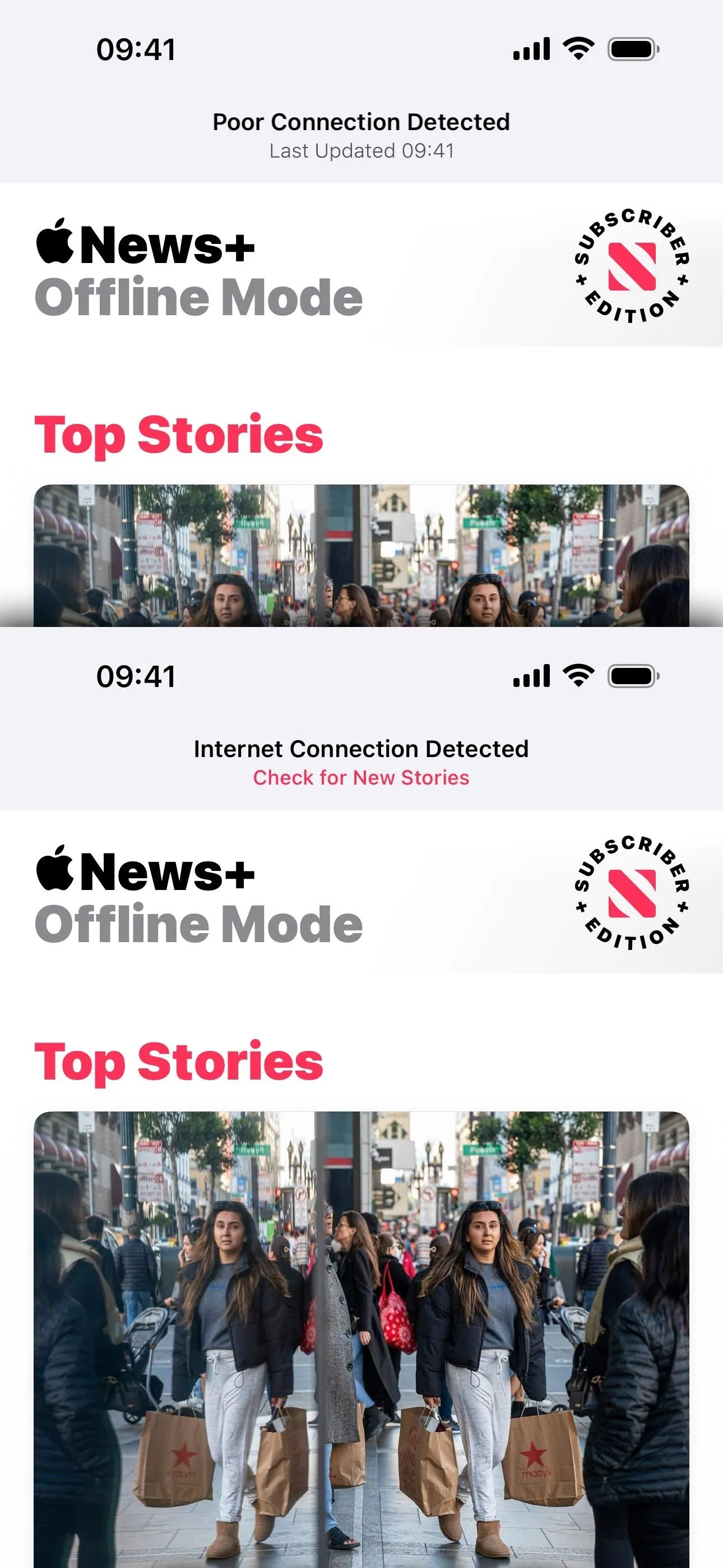 Offline mode feature in news app displaying top stories.