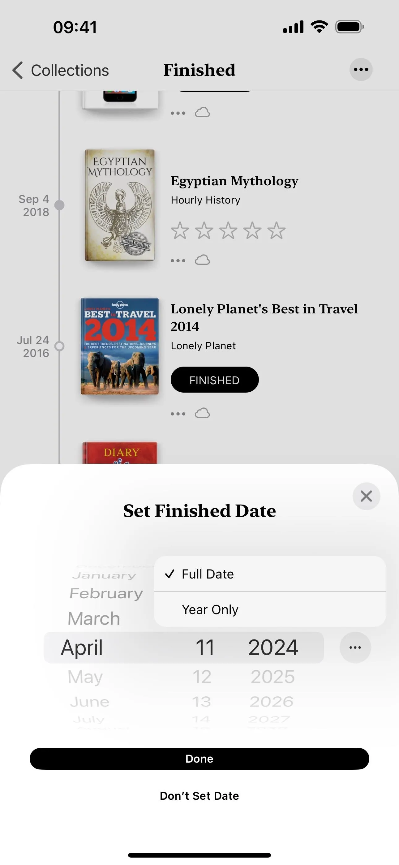 Book list and finished date selection in a mobile app interface.