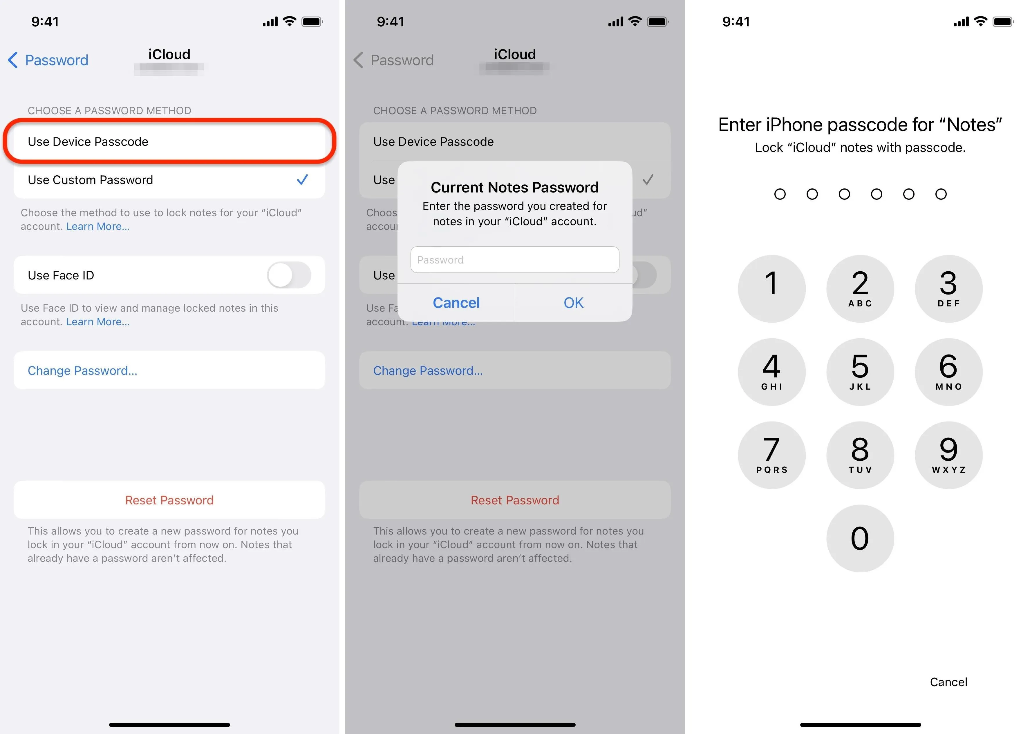 Screenshots of iCloud password recovery process on a mobile device.