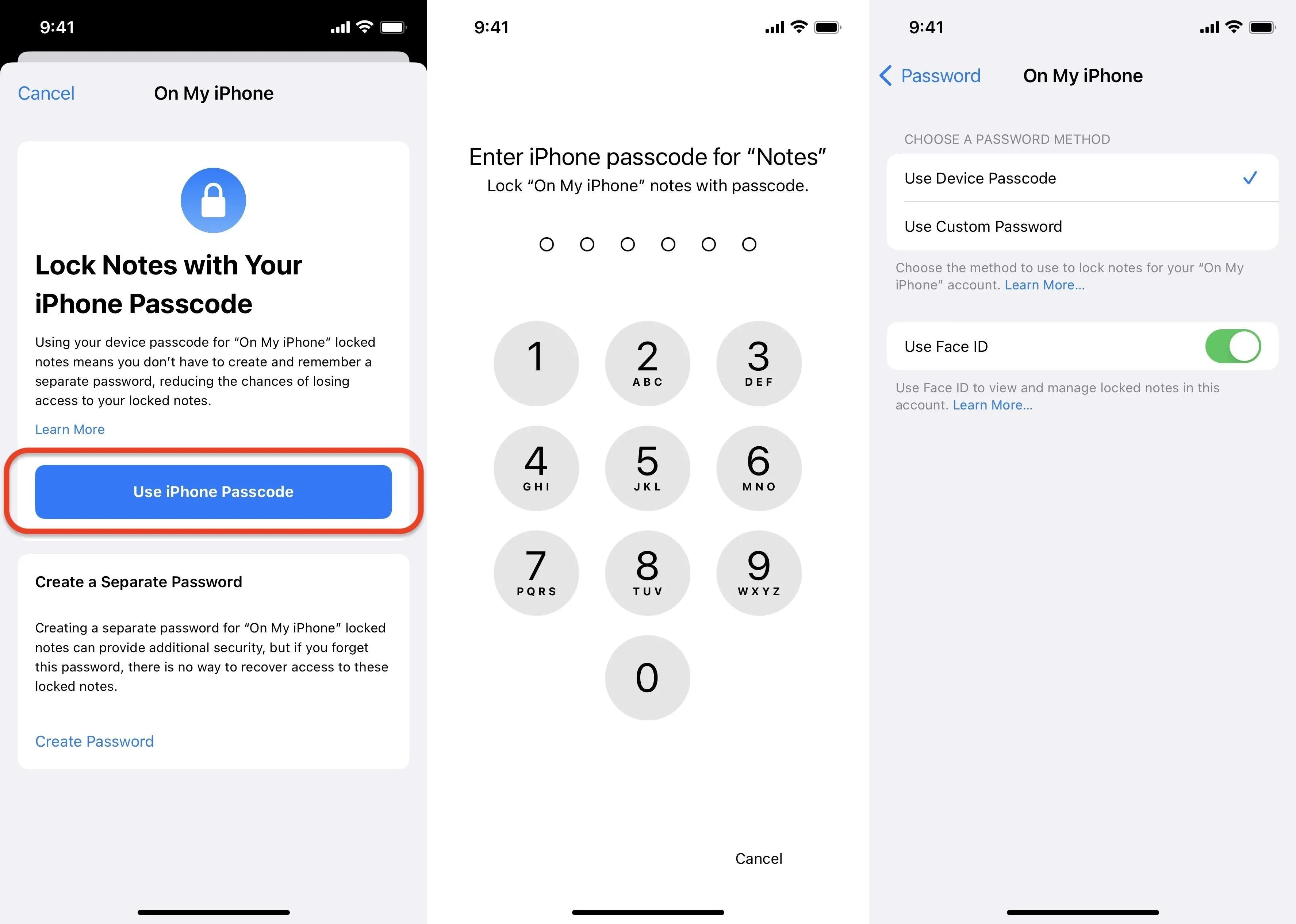 Screenshots demonstrating how to lock notes with an iPhone passcode.