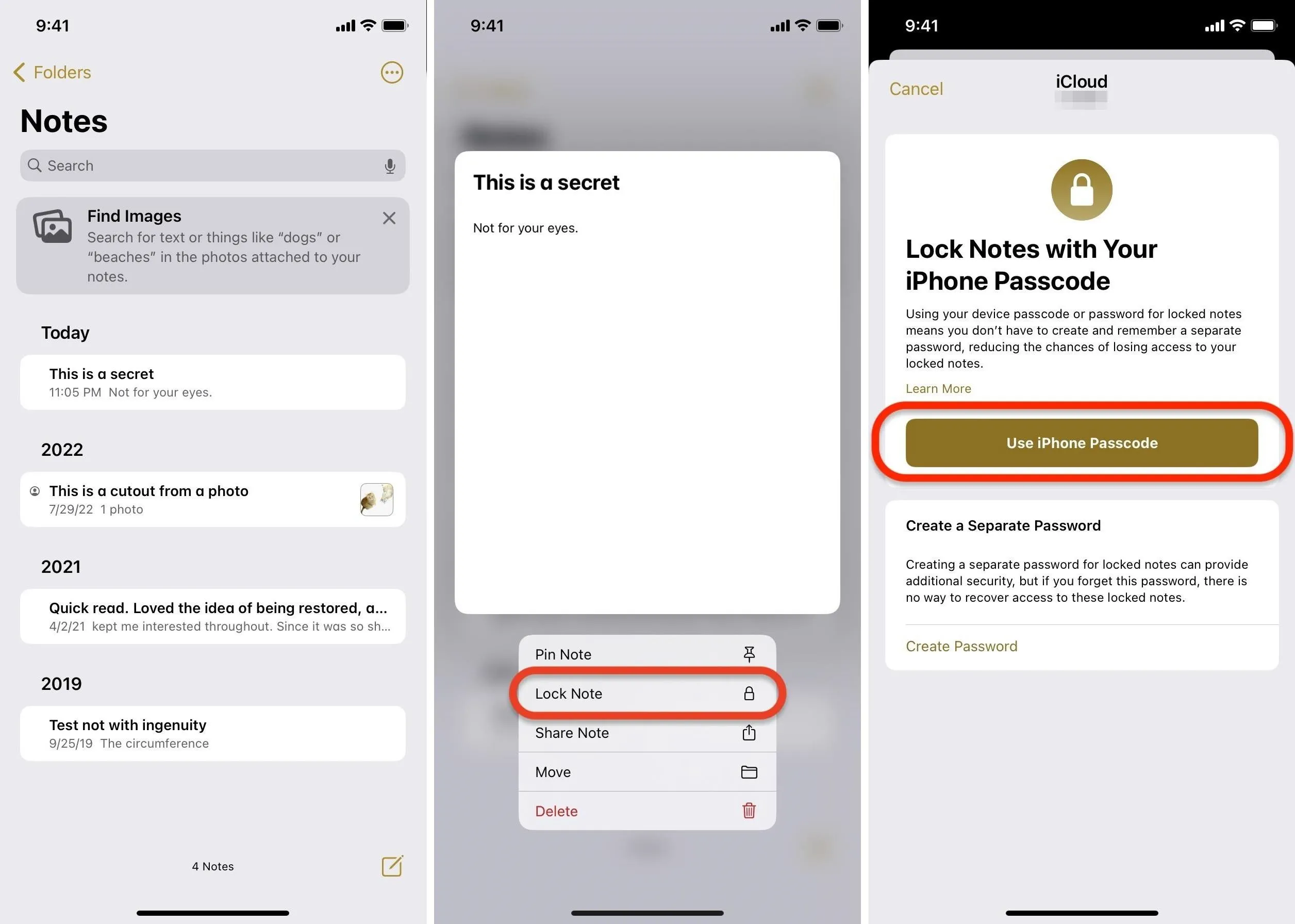 Screenshots of a notes application, showcasing features for creating, editing, and locking notes.