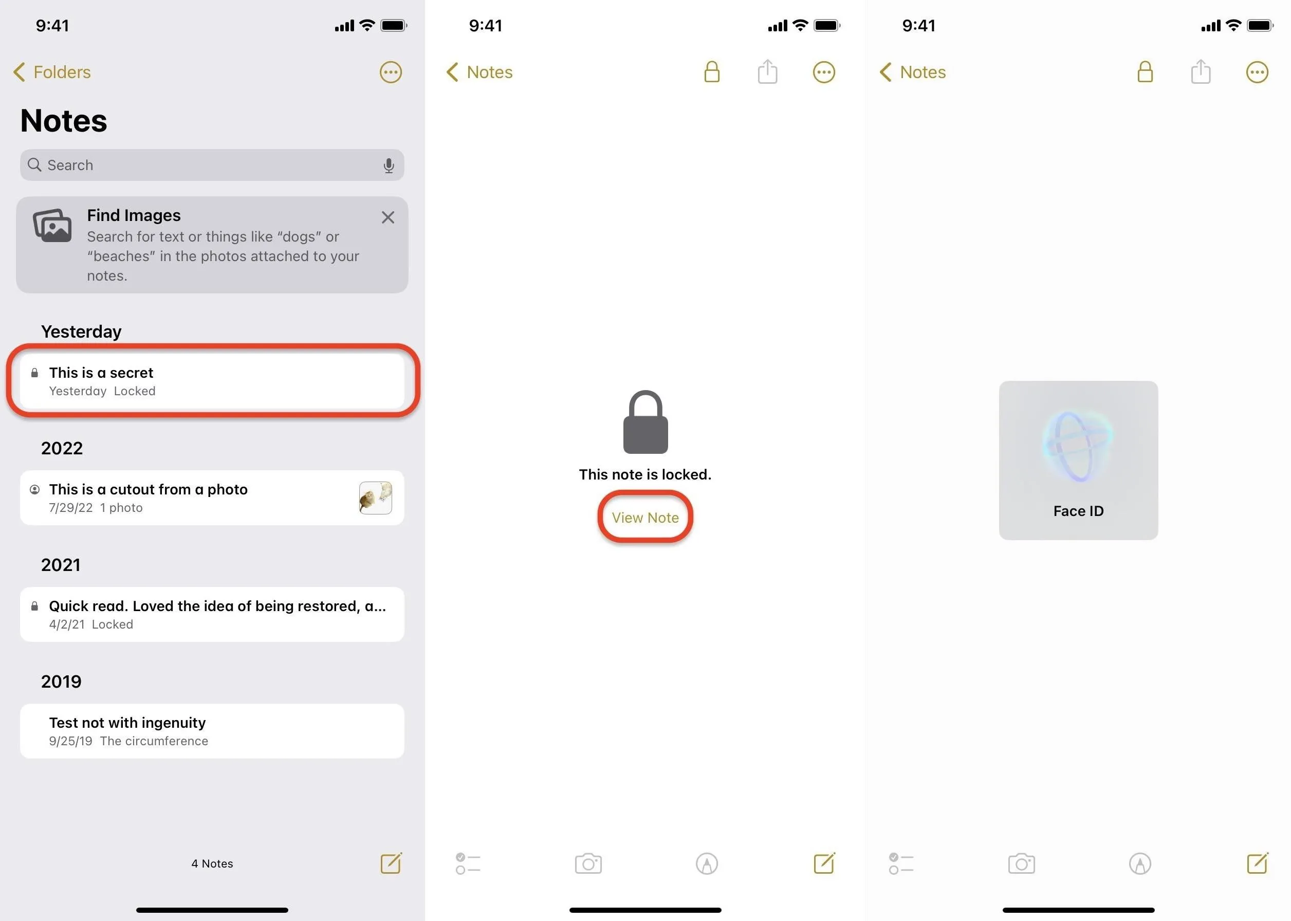 Notes app interface showing a locked note on a smartphone.