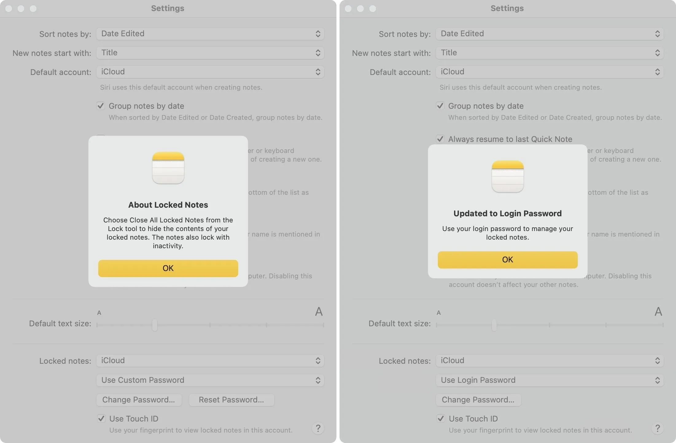 App settings interface displaying informational alerts.