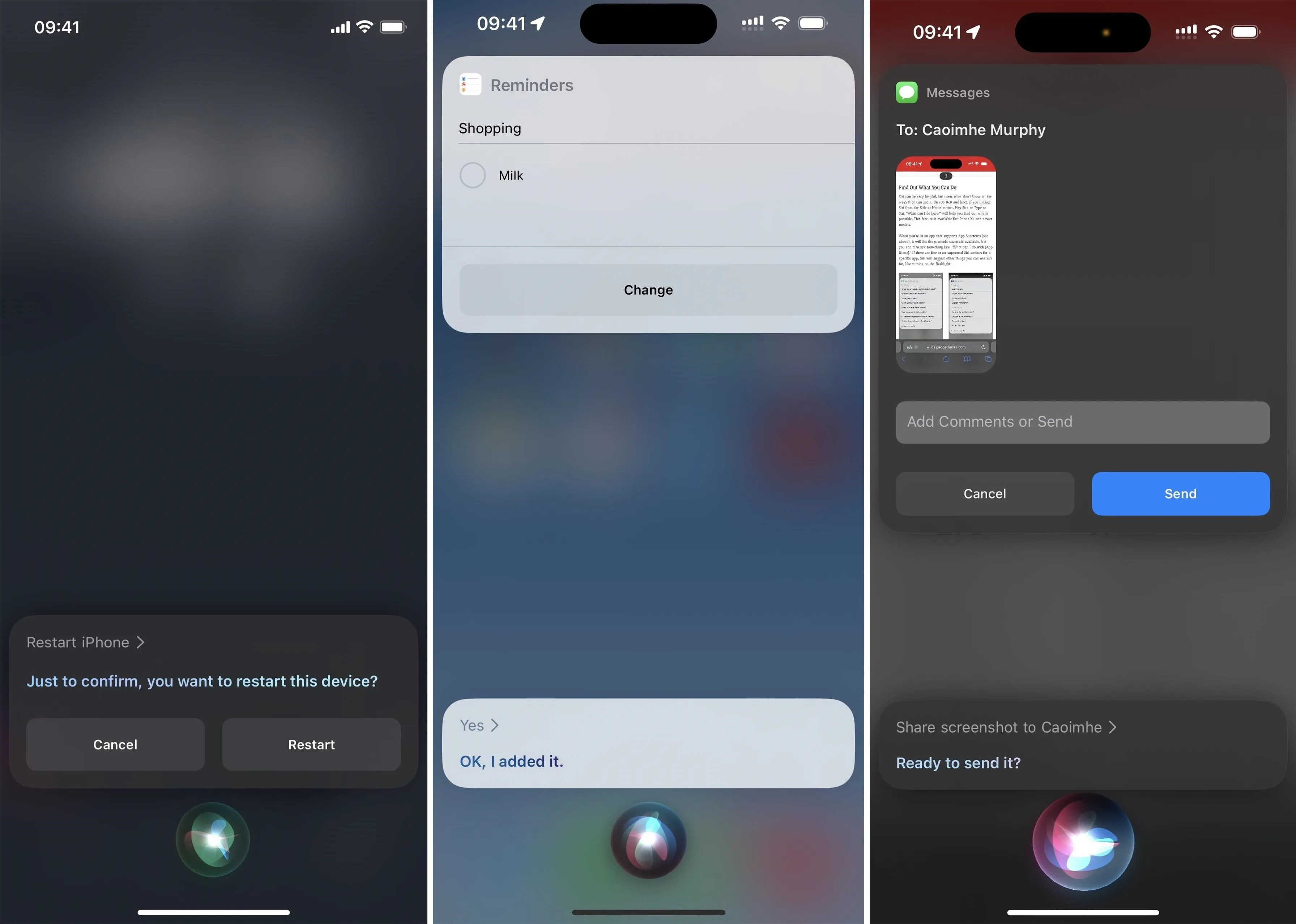 Screenshots showcasing Siri's interface on an iPhone displaying various commands and responses.