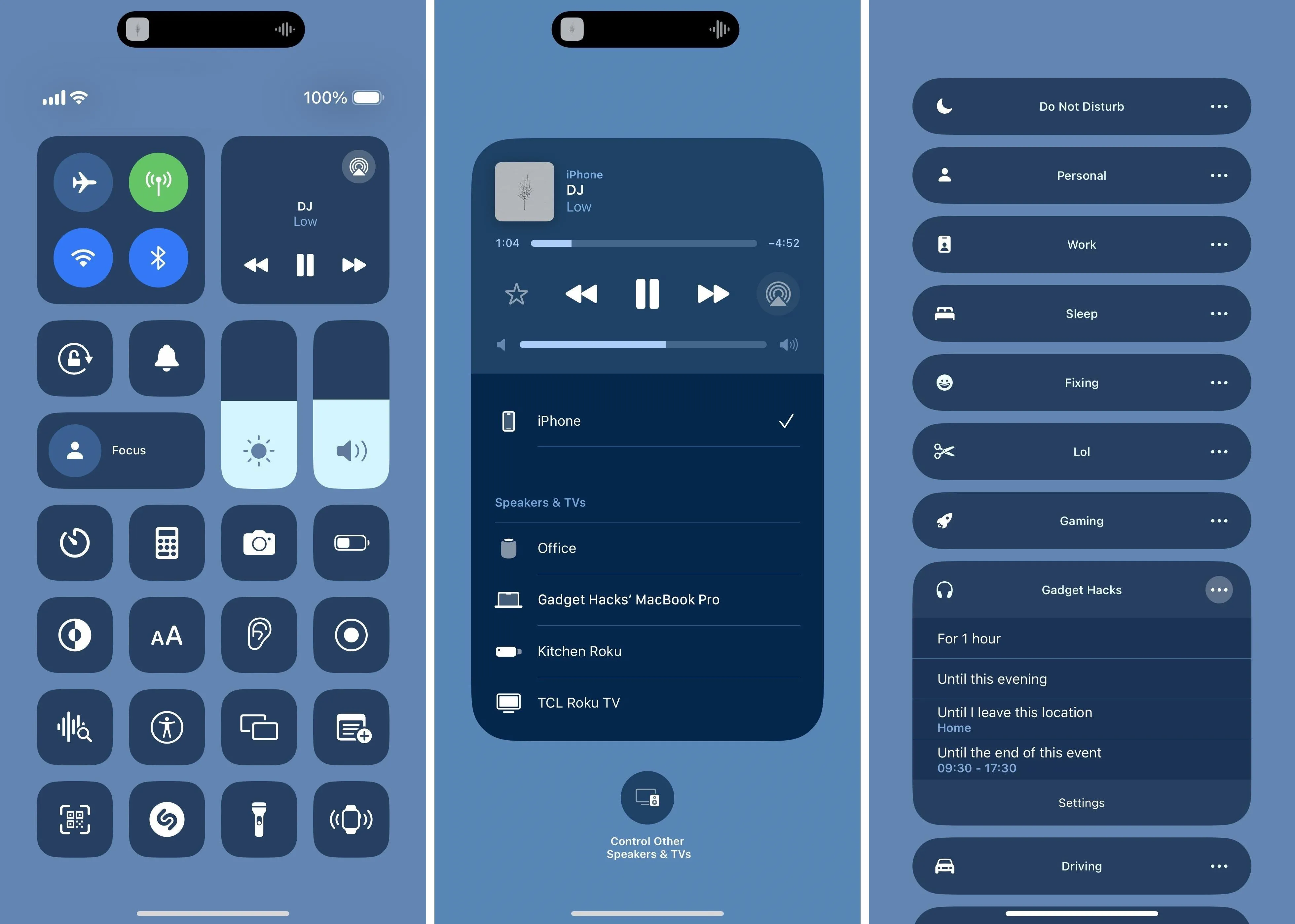 Mobile device control center interface showcasing various settings and media playback options.