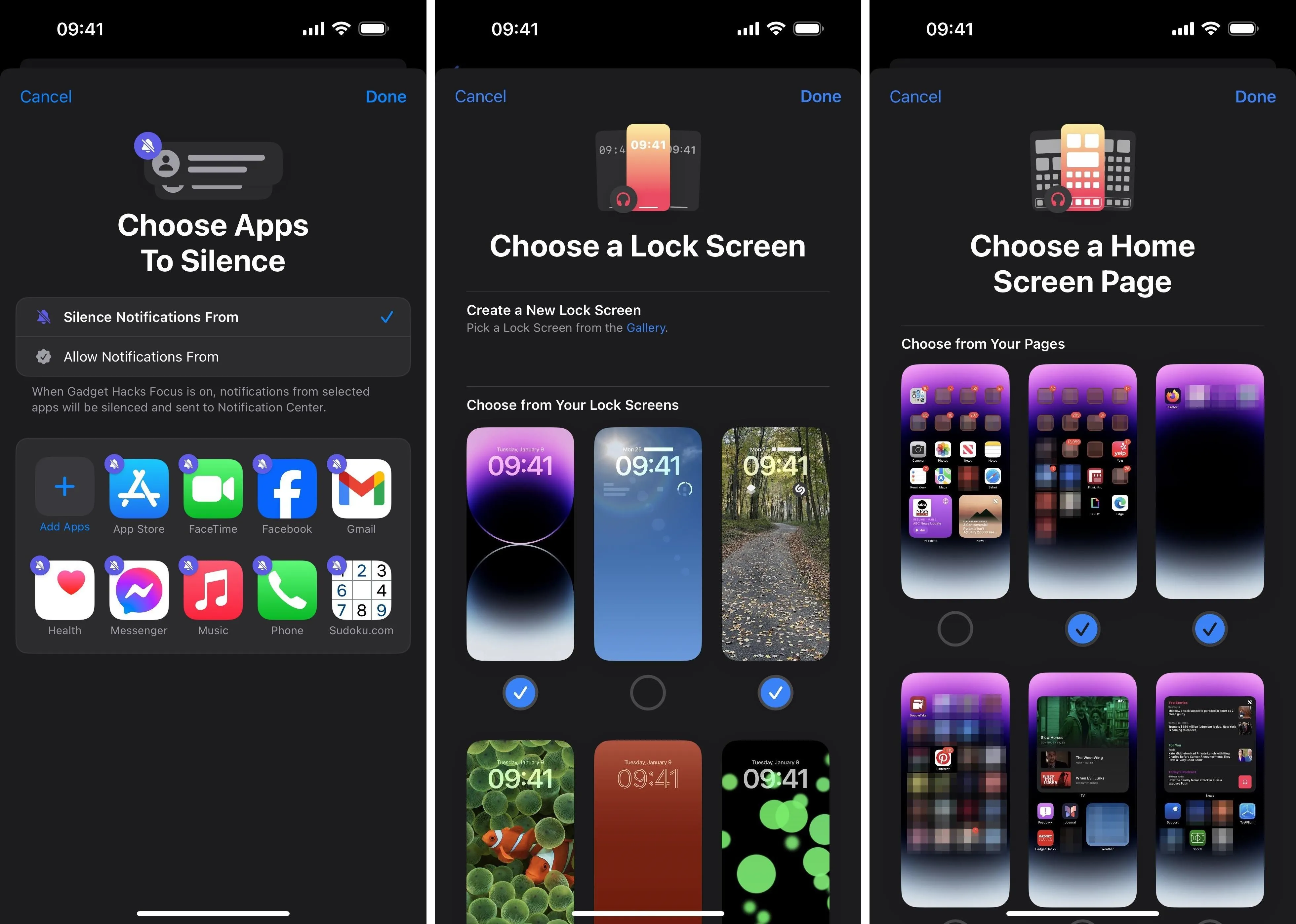 Screenshots of a mobile device interface for selecting apps to silence, customizing the lock screen, and choosing a home screen page.