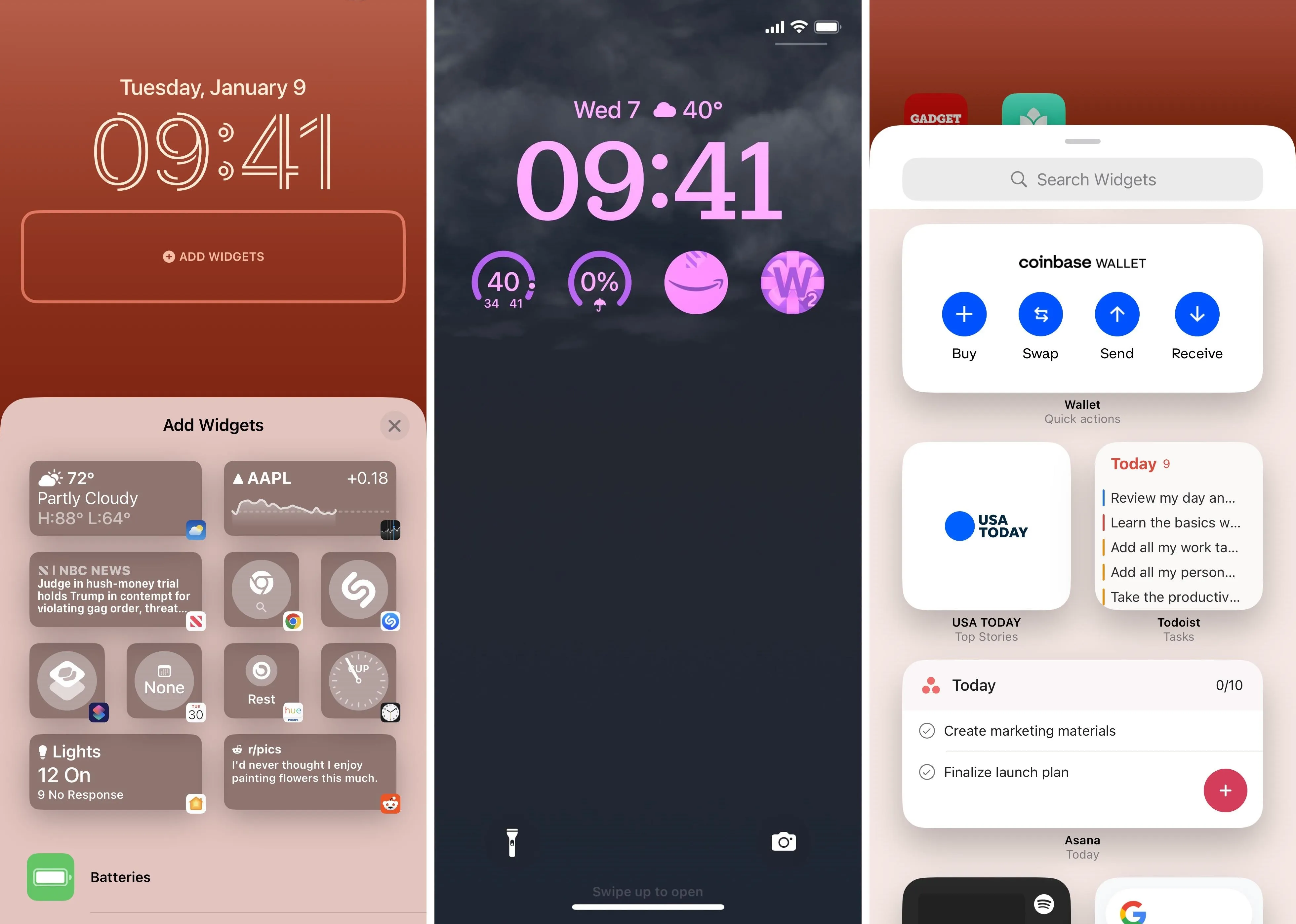 Screenshots of a smartphone displaying various widgets, the clock, and notifications on a red-themed interface.