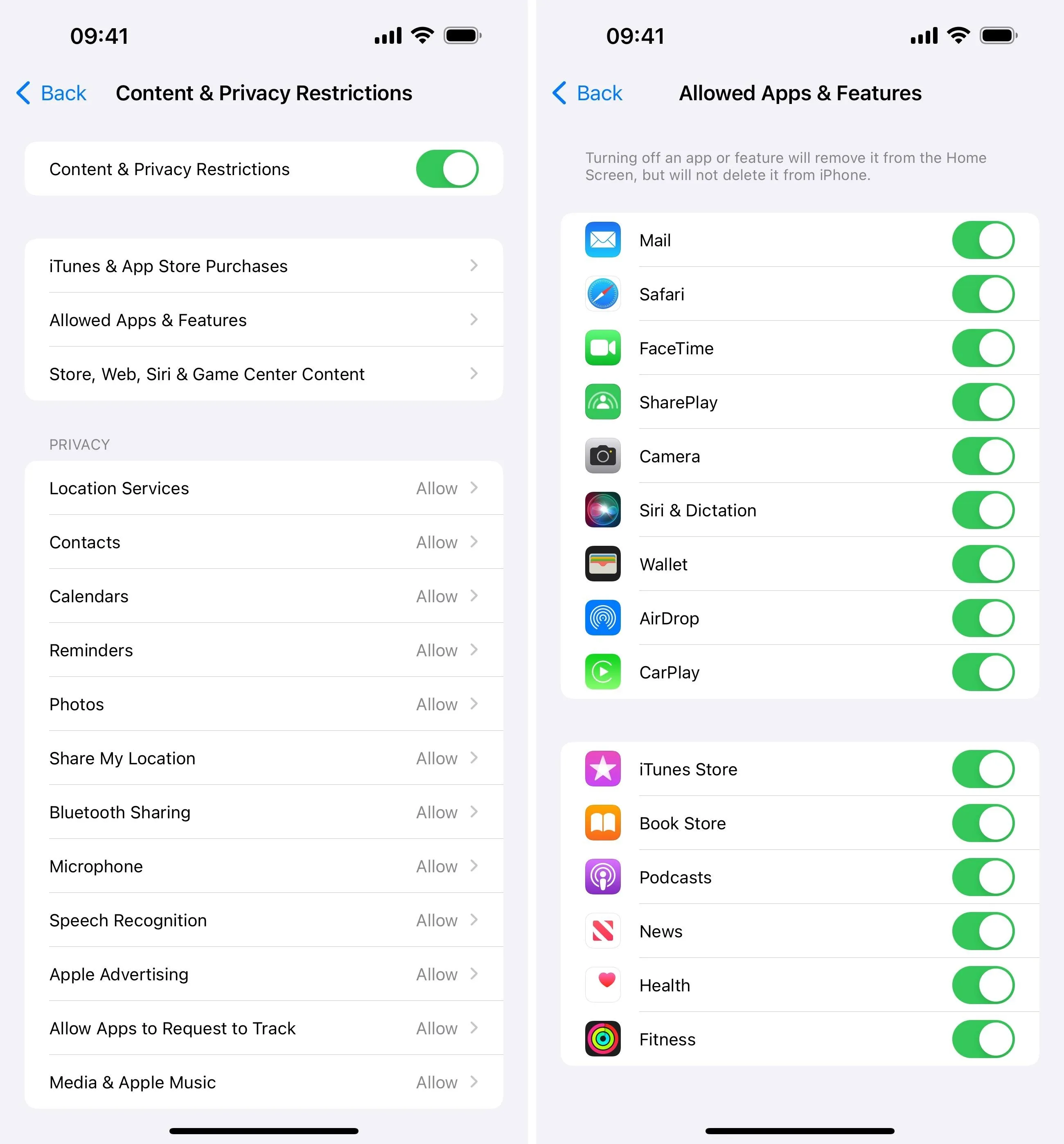 Settings for location and privacy restrictions on a mobile device.