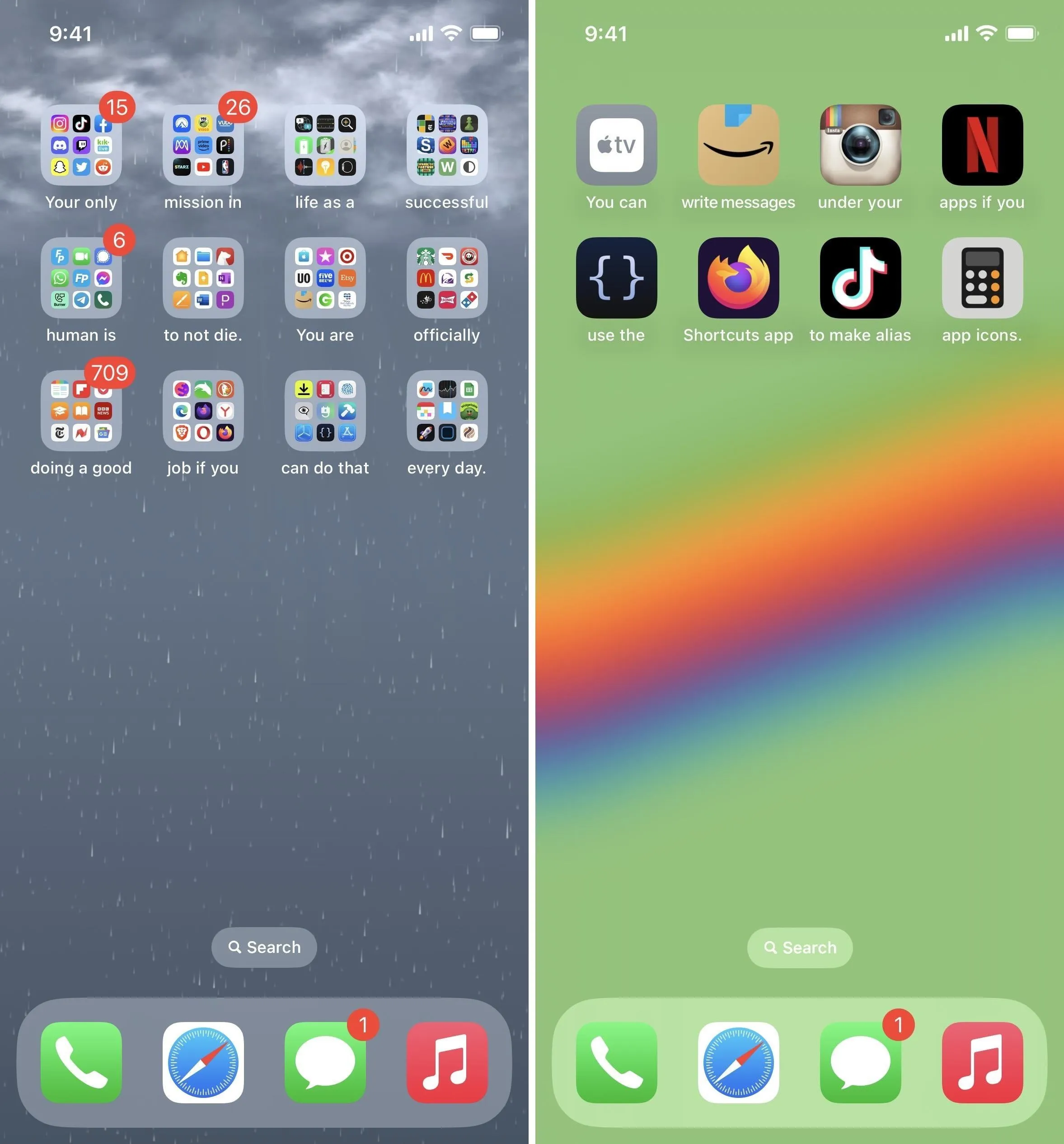 Screenshots of two smartphone home screens displaying various app icons and folders.