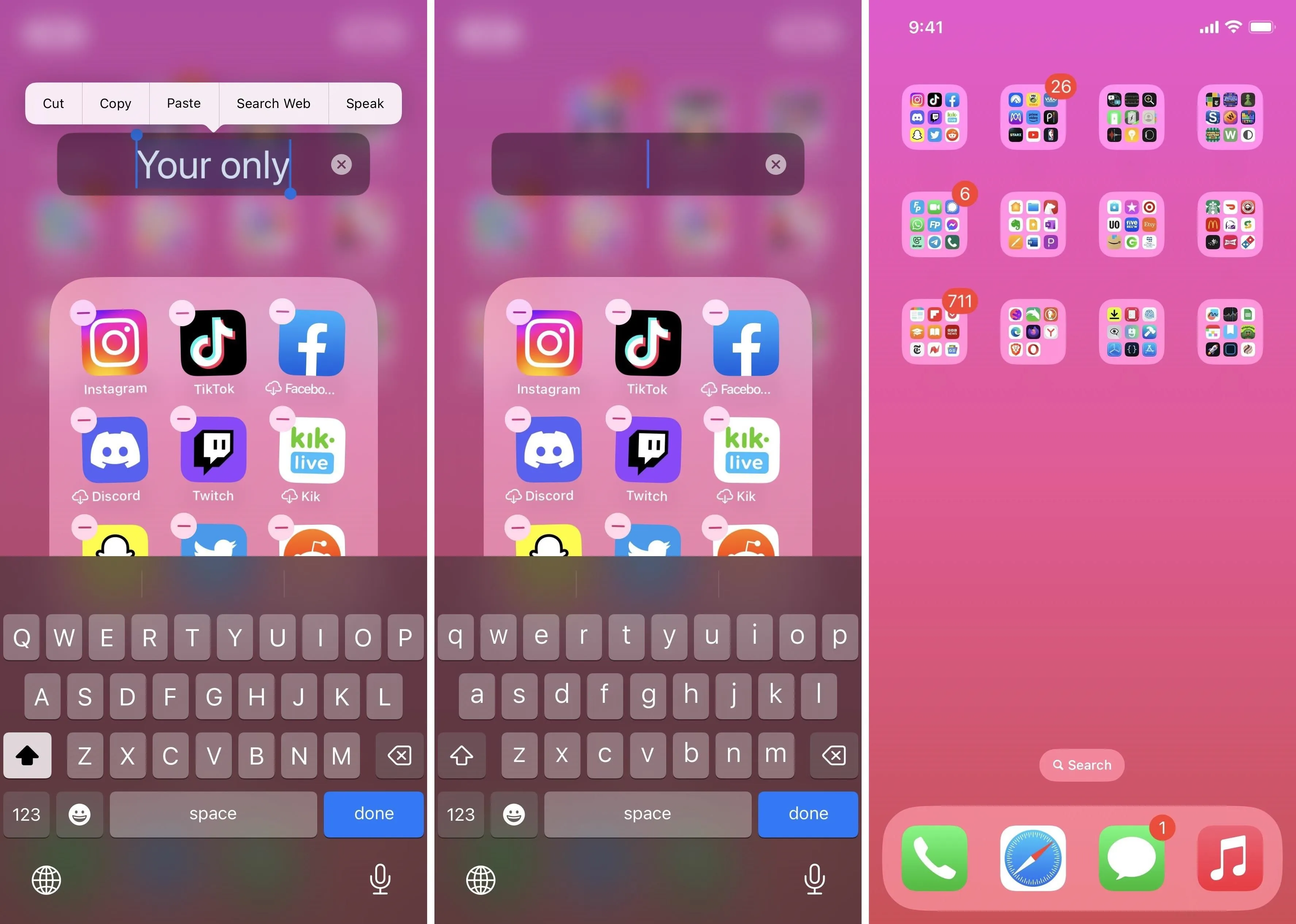 Screens displaying a smartphone home screen with various app icons and a search bar.