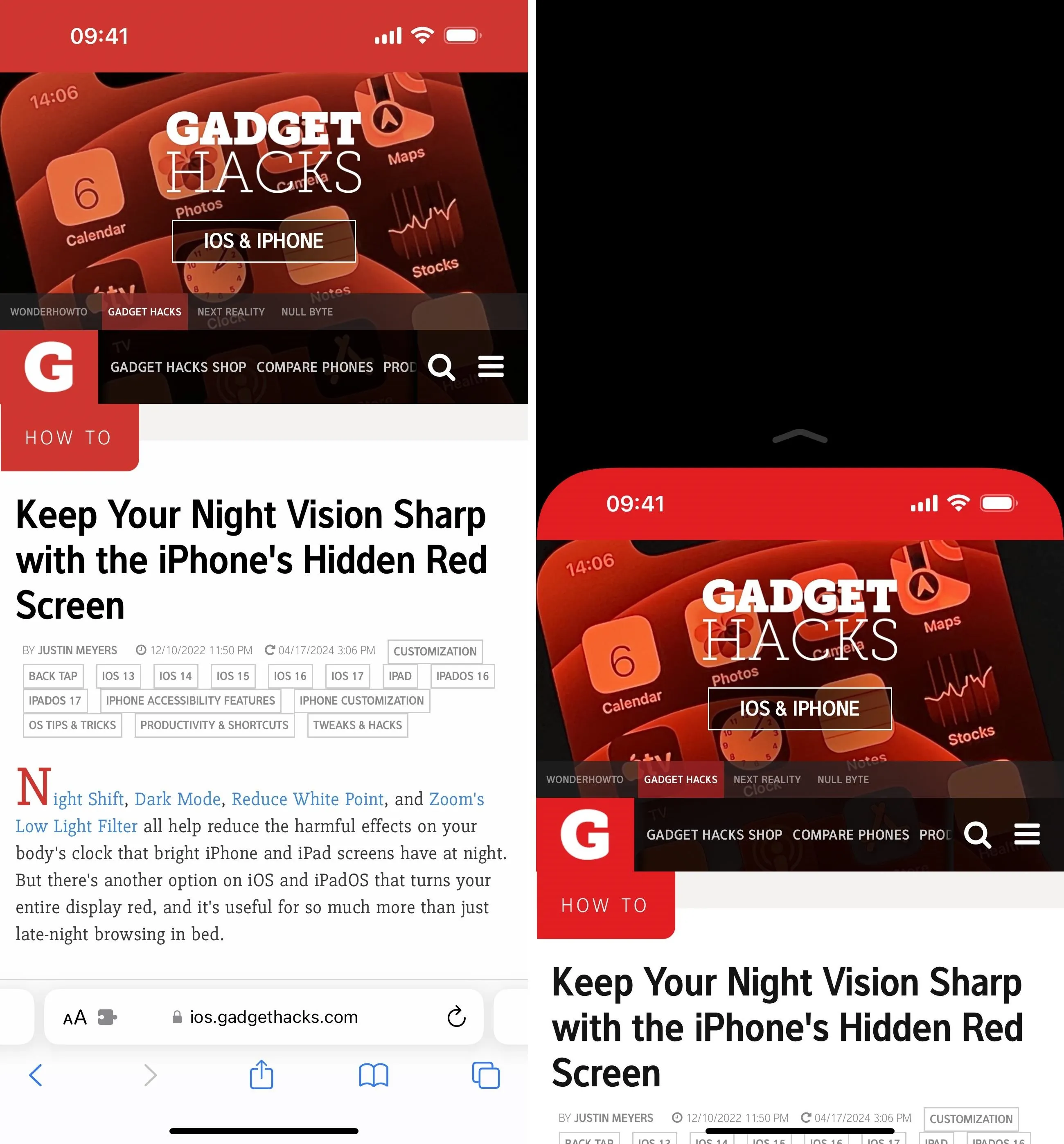 Gadget Hacks website showcasing an article about enhancing night vision on iPhones.