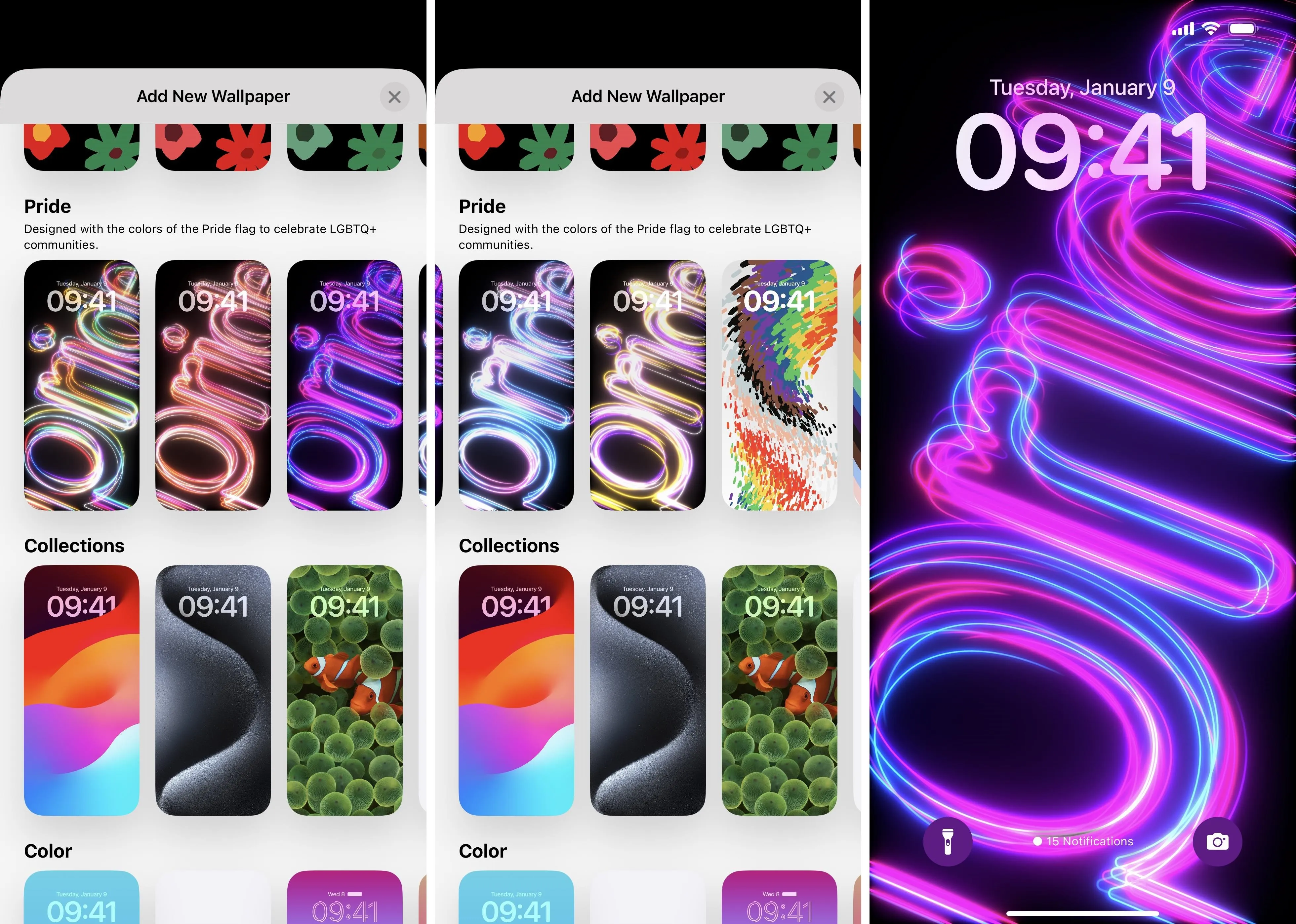 Smartphone wallpaper selection interface showcasing various colorful designs and patterns.