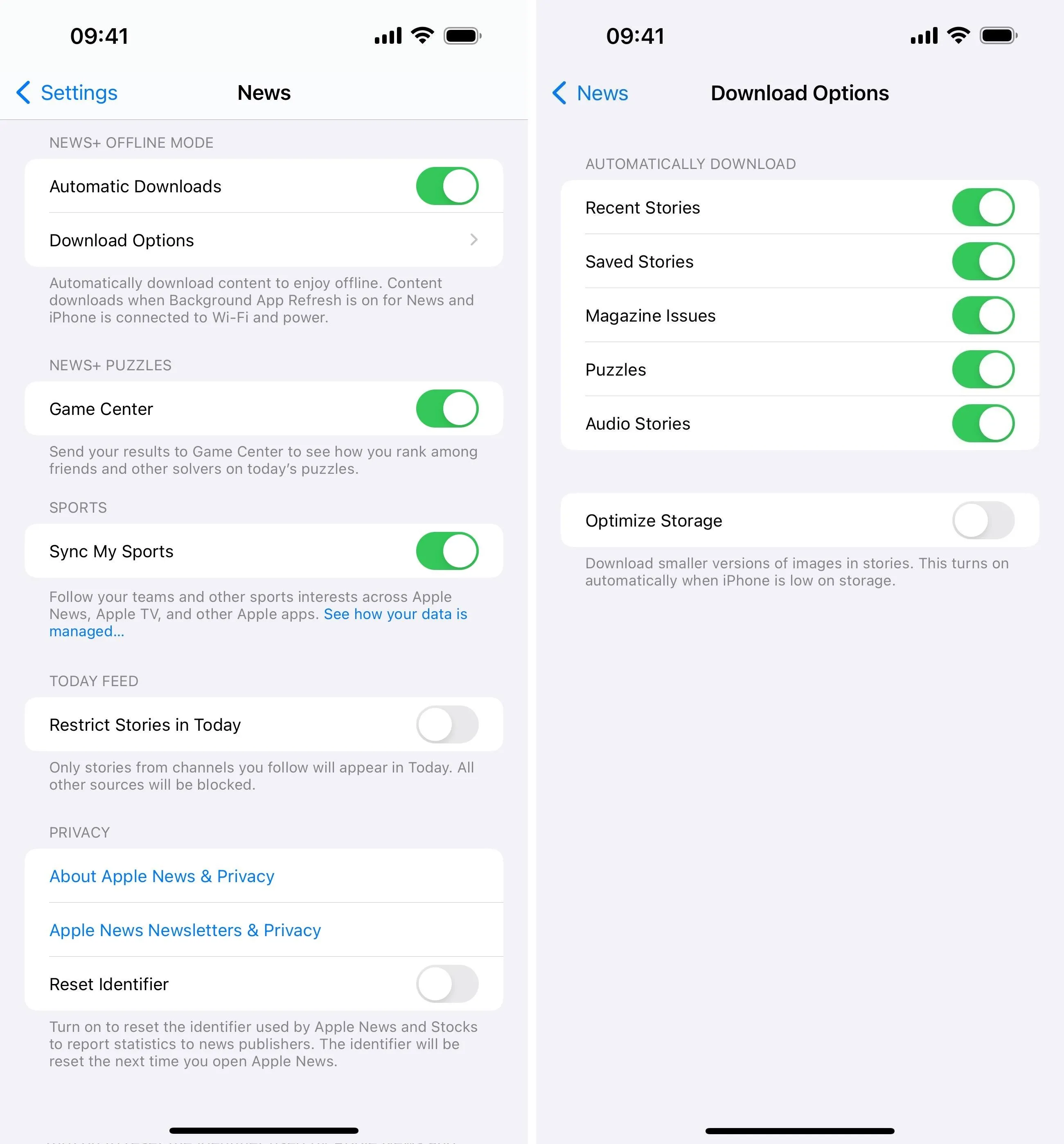 Settings menu for a mobile application with various options toggled on and off.