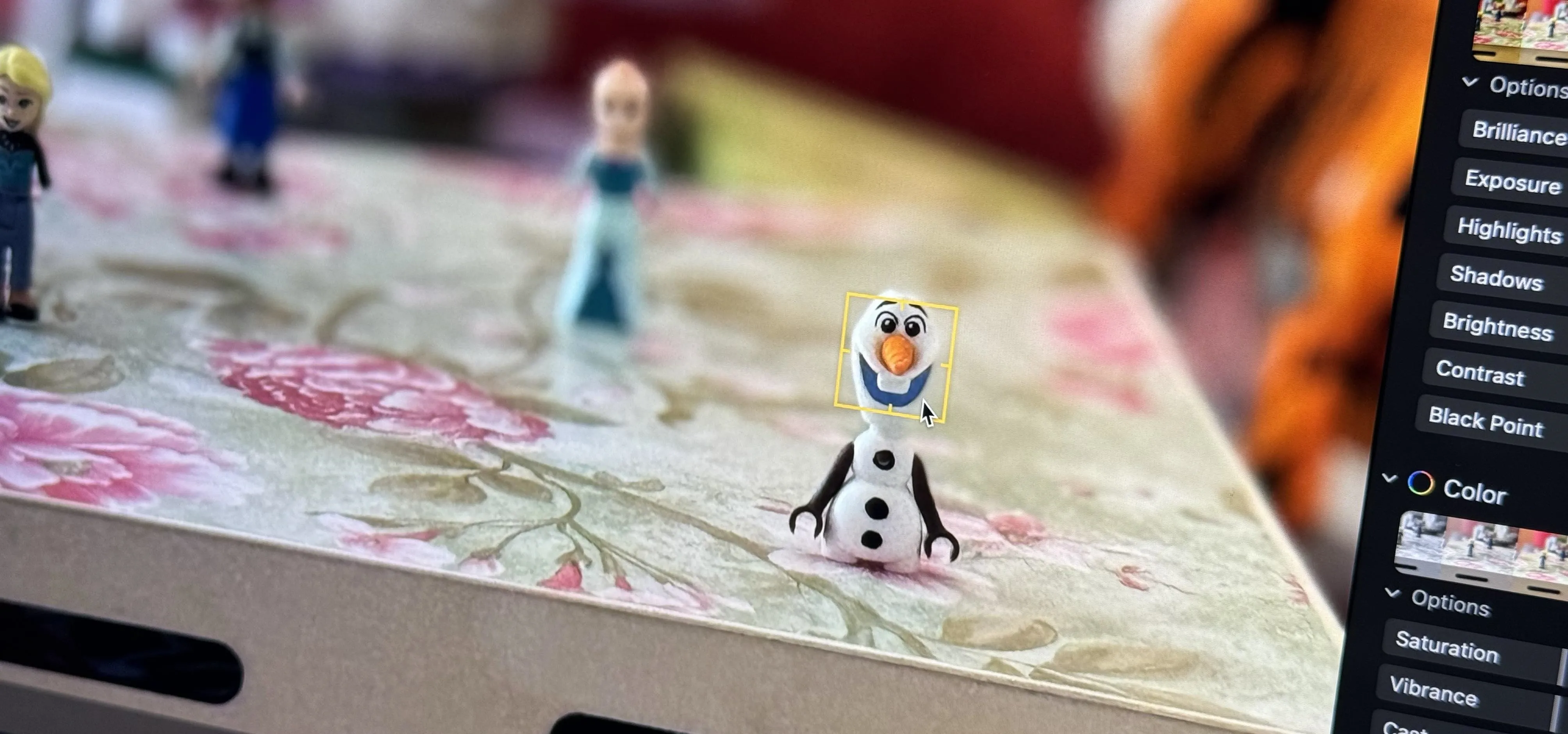 Figurines of animated characters on a floral-patterned surface.