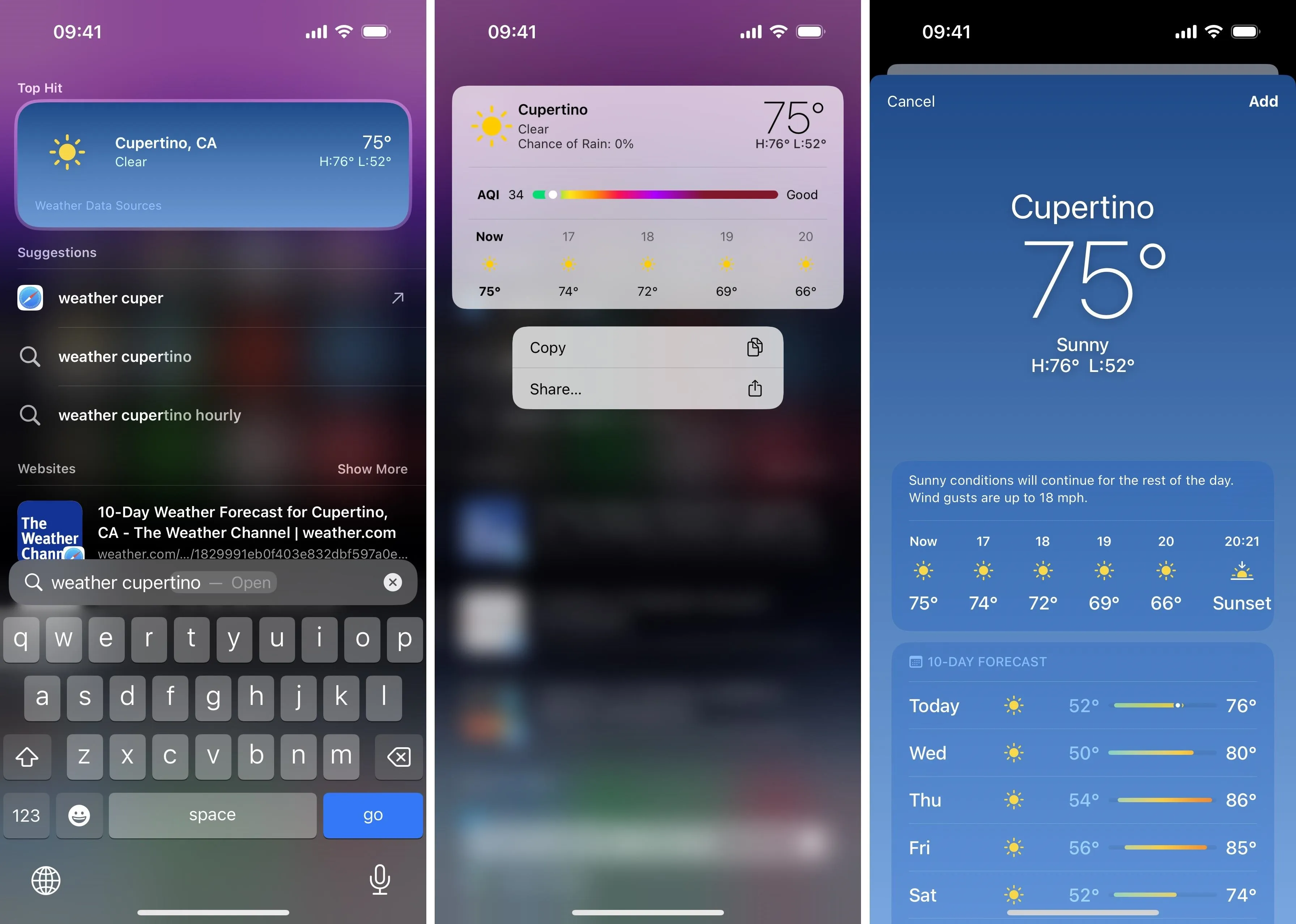 Weather app interface showing current temperature and forecast for Cupertino, CA.