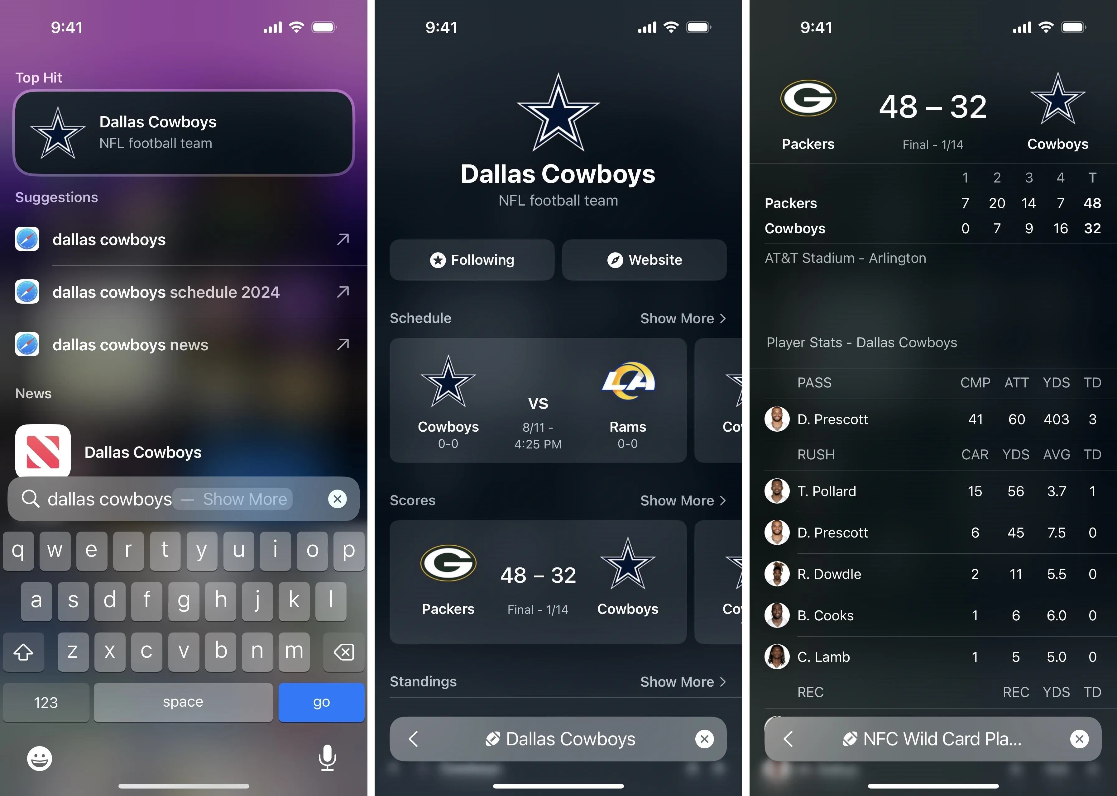 Dallas Cowboys game results and standings on a mobile device.