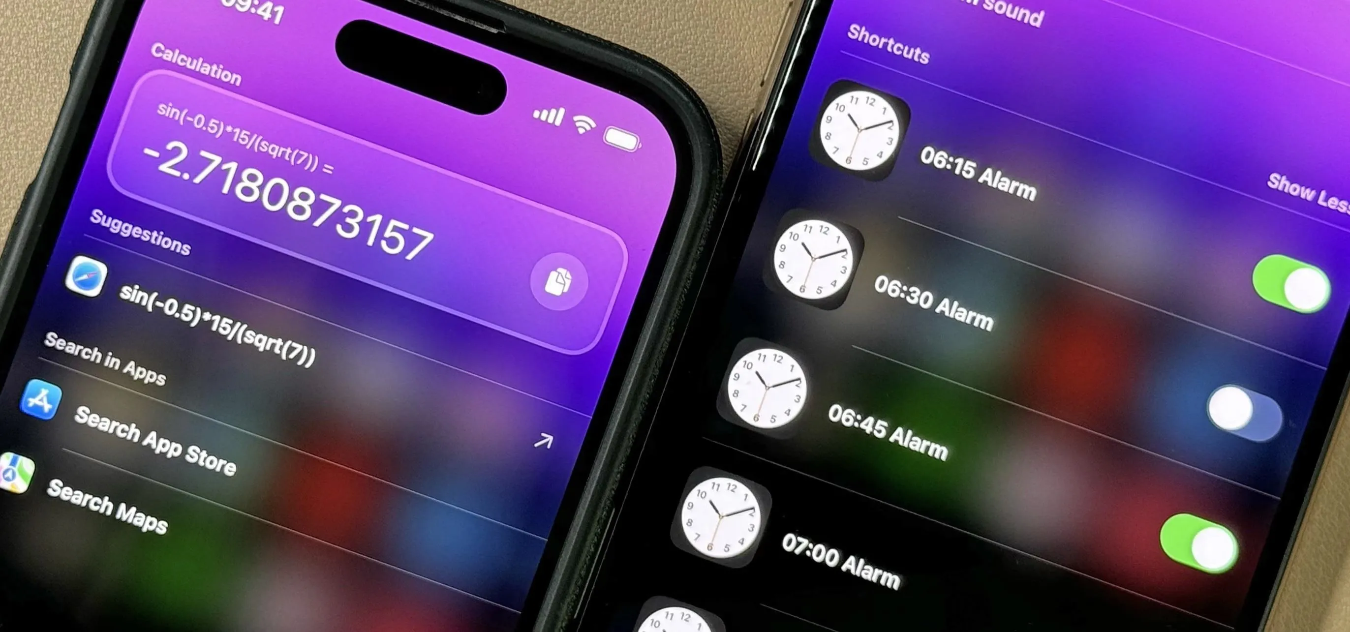 Smartphones displaying app settings and alerts on a purple background.