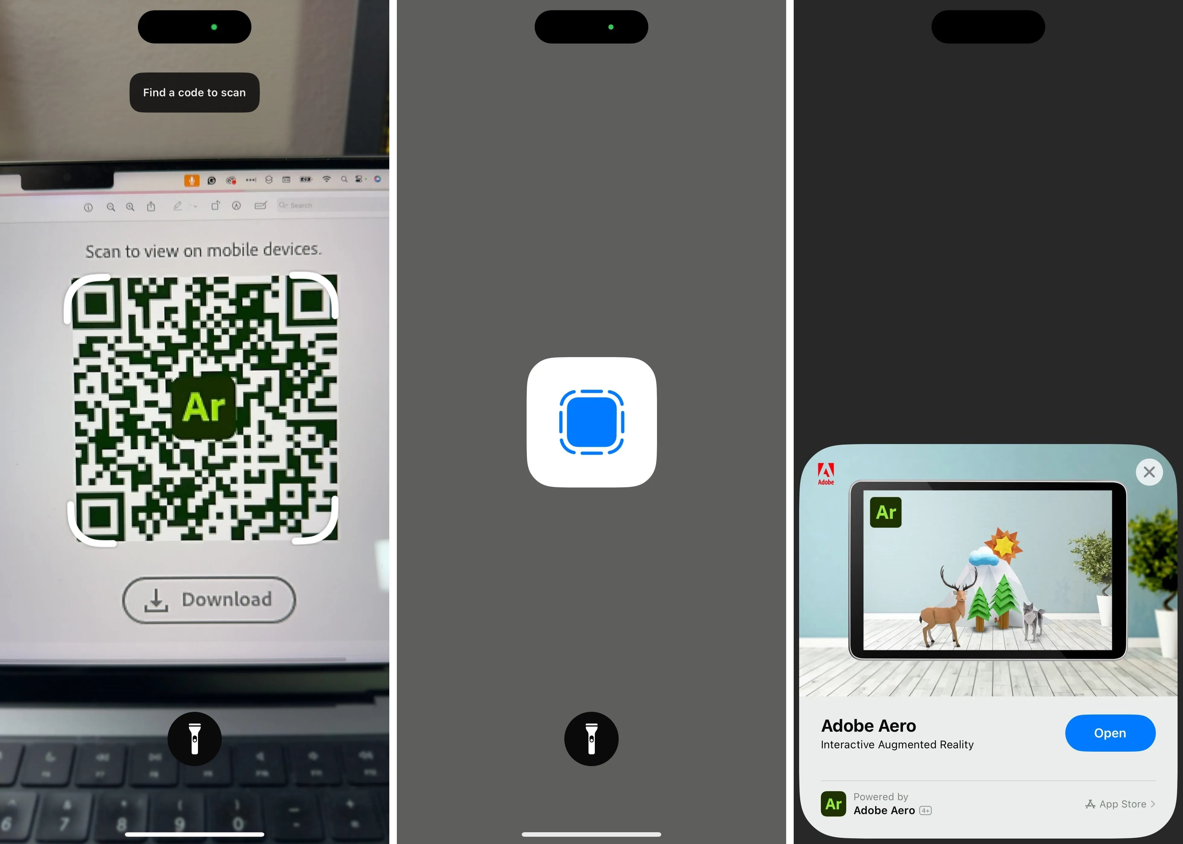 Screenshots of a mobile app showcasing QR code scanning and augmented reality features.