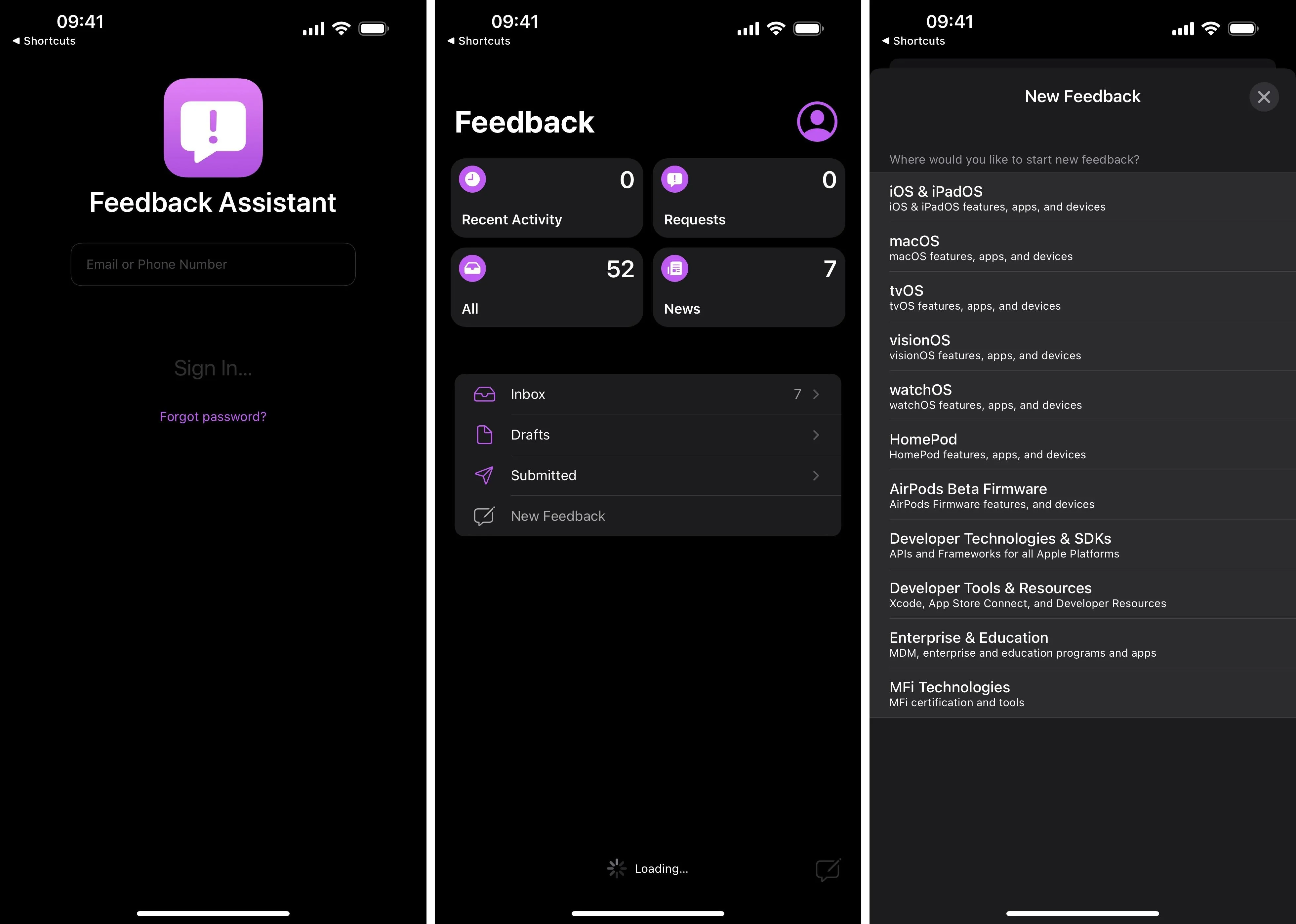 Screenshots of the Feedback Assistant app interface.