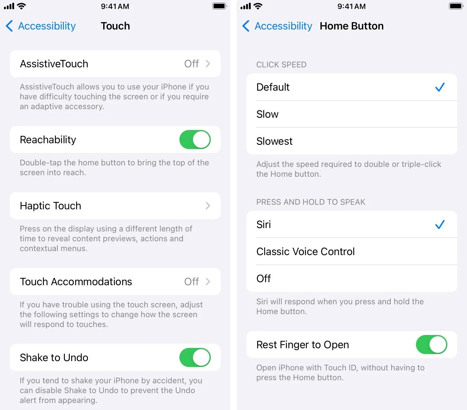 Accessibility settings on a smartphone displaying options for Touch, Reachability, and Home Button features.