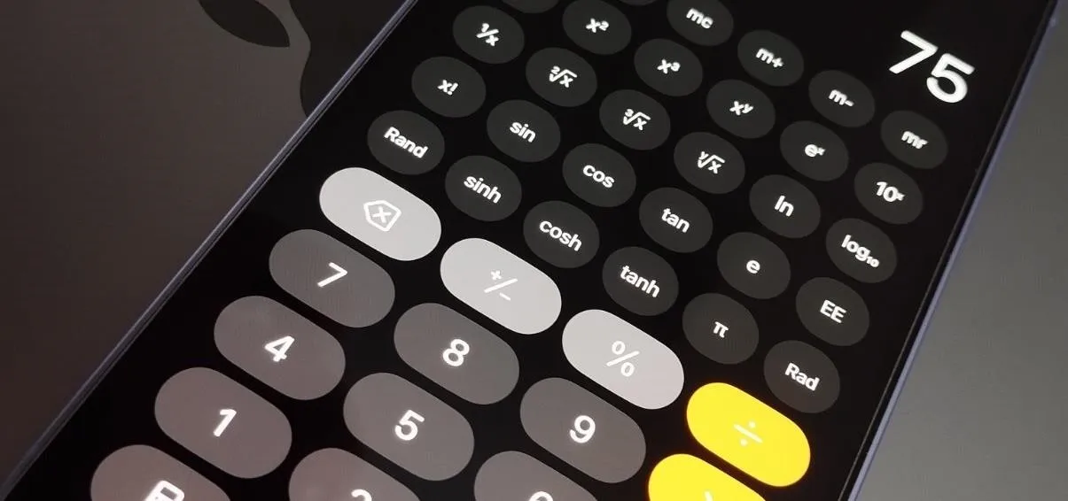 Calculator app interface displaying the number 75.