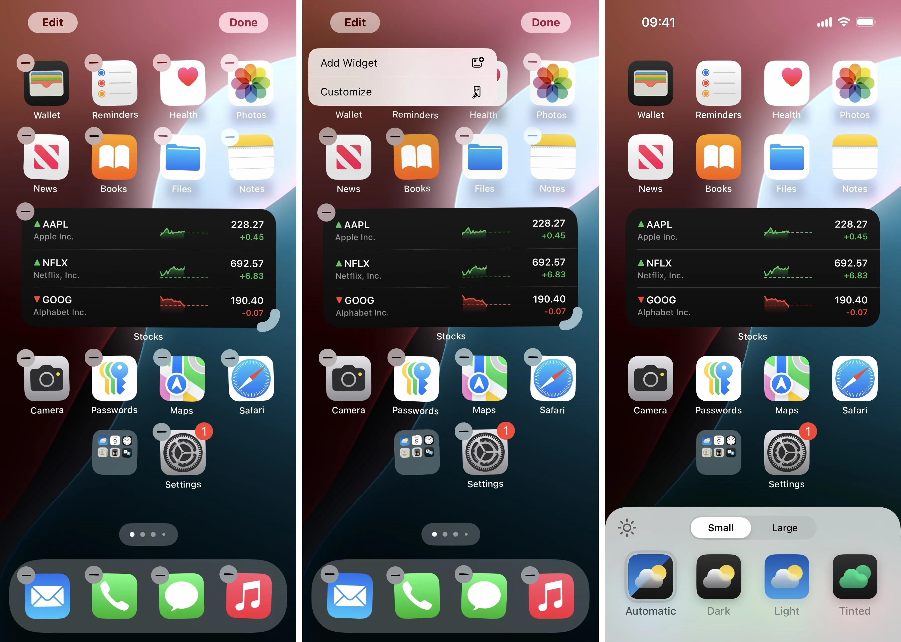 Screenshots of a smartphone home screen with various app icons and widgets.