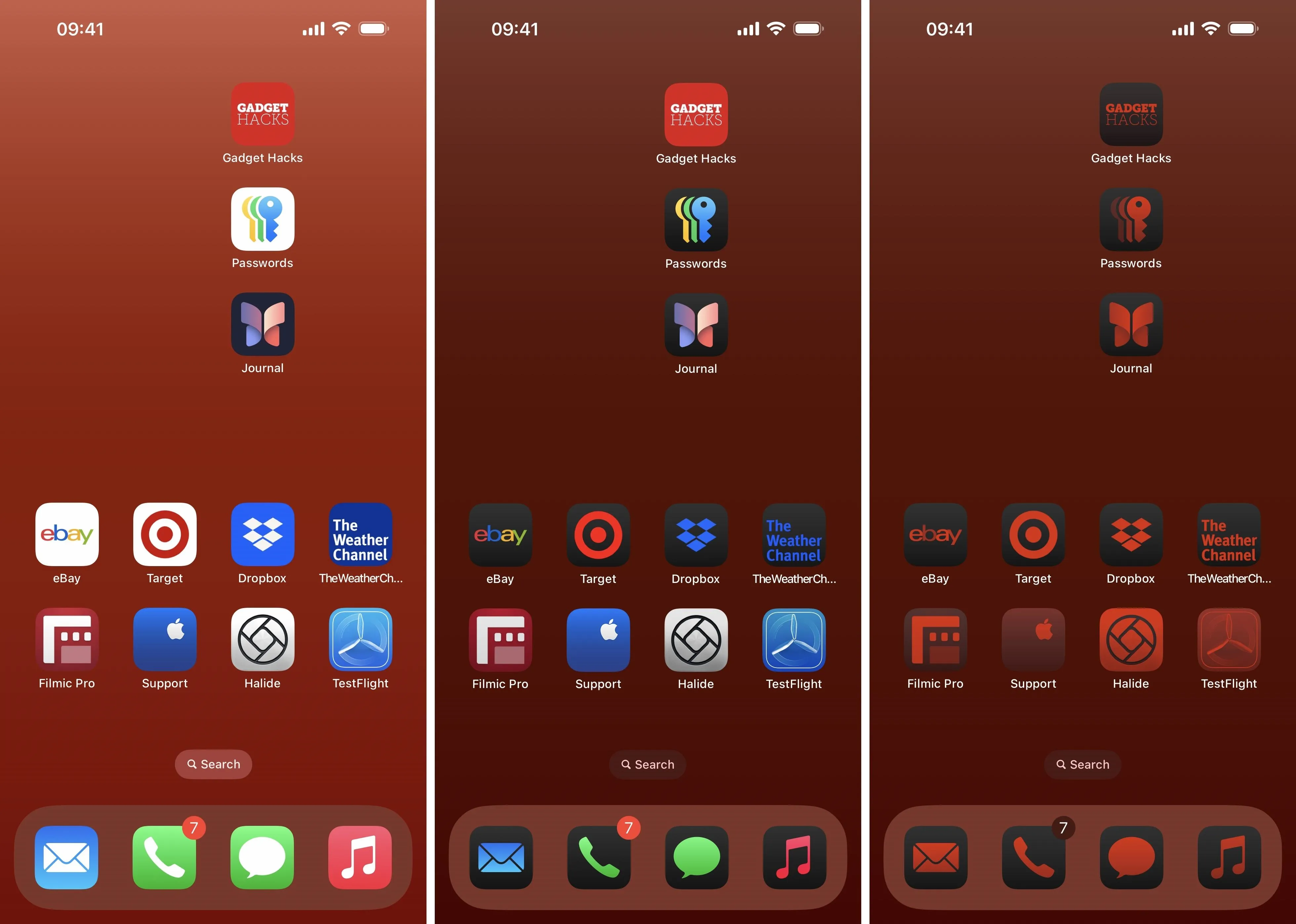 Screenshot of a smartphone home screen displaying various app icons on a red background.