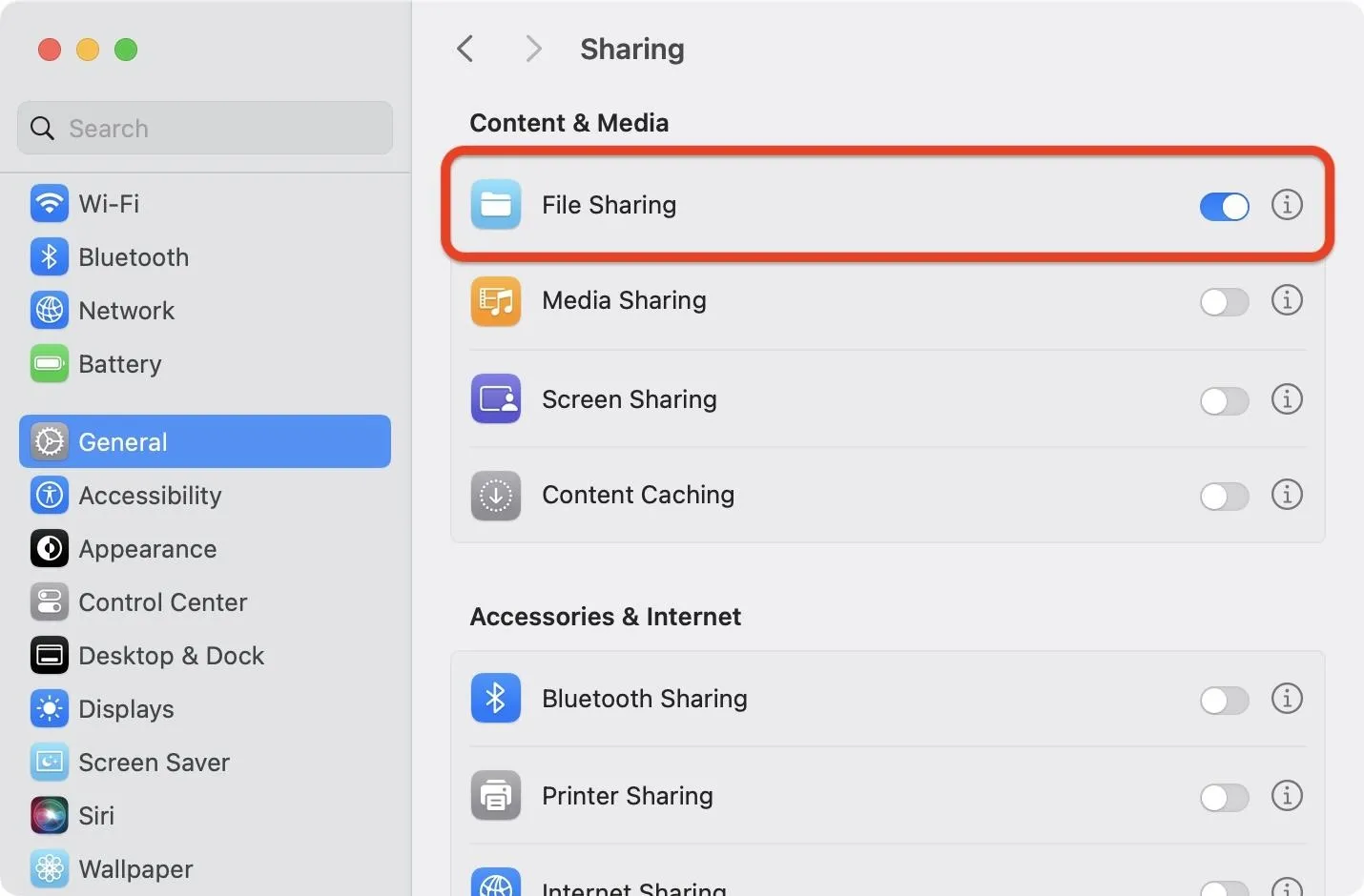 File sharing settings in a device's general settings menu.