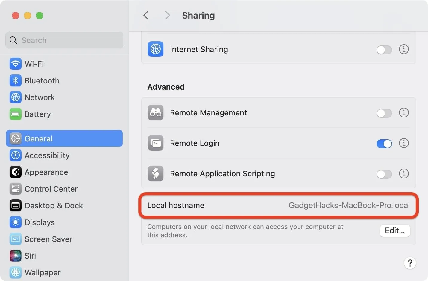 Local hostname settings in sharing options on a device.