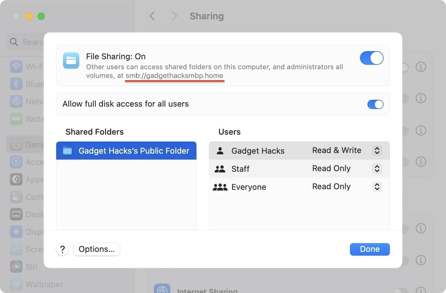 File sharing settings with user access options displayed.