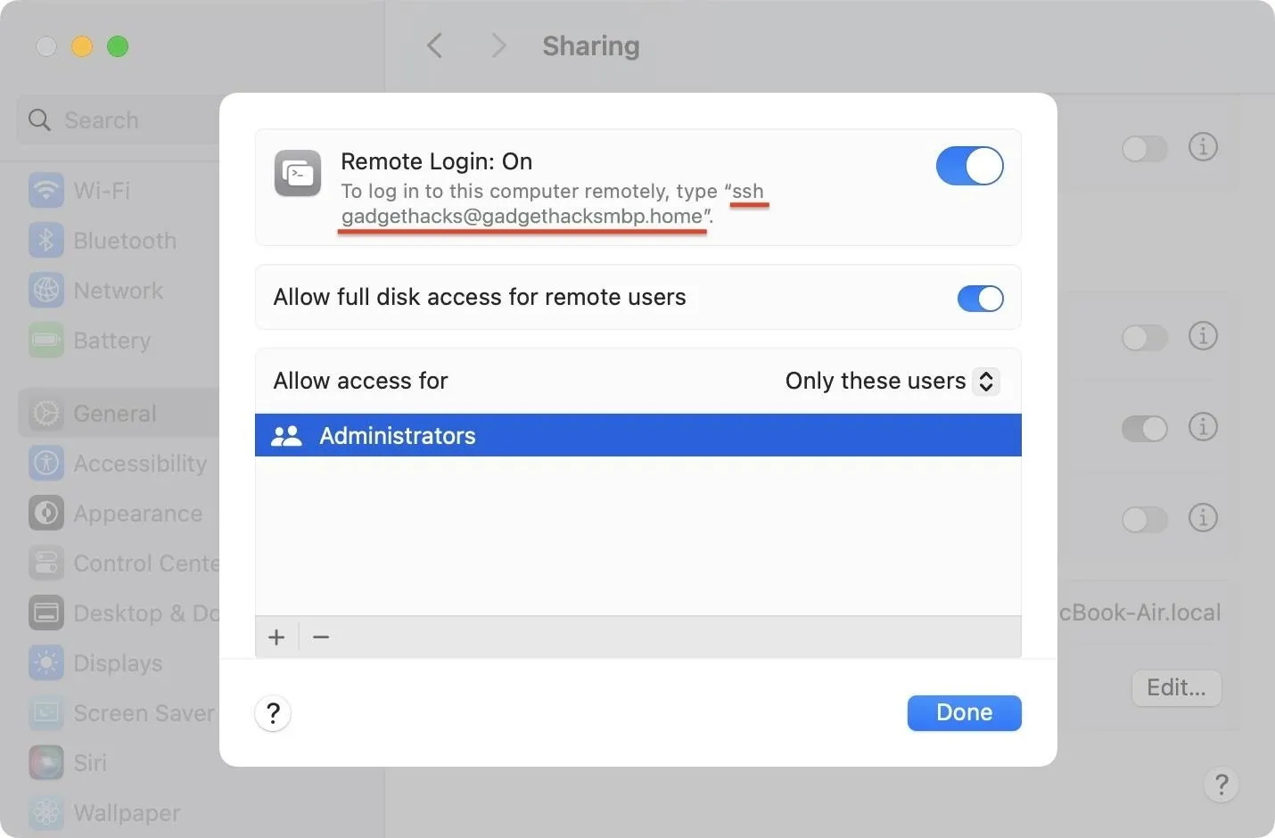 Remote login settings interface with toggle options and user permissions.