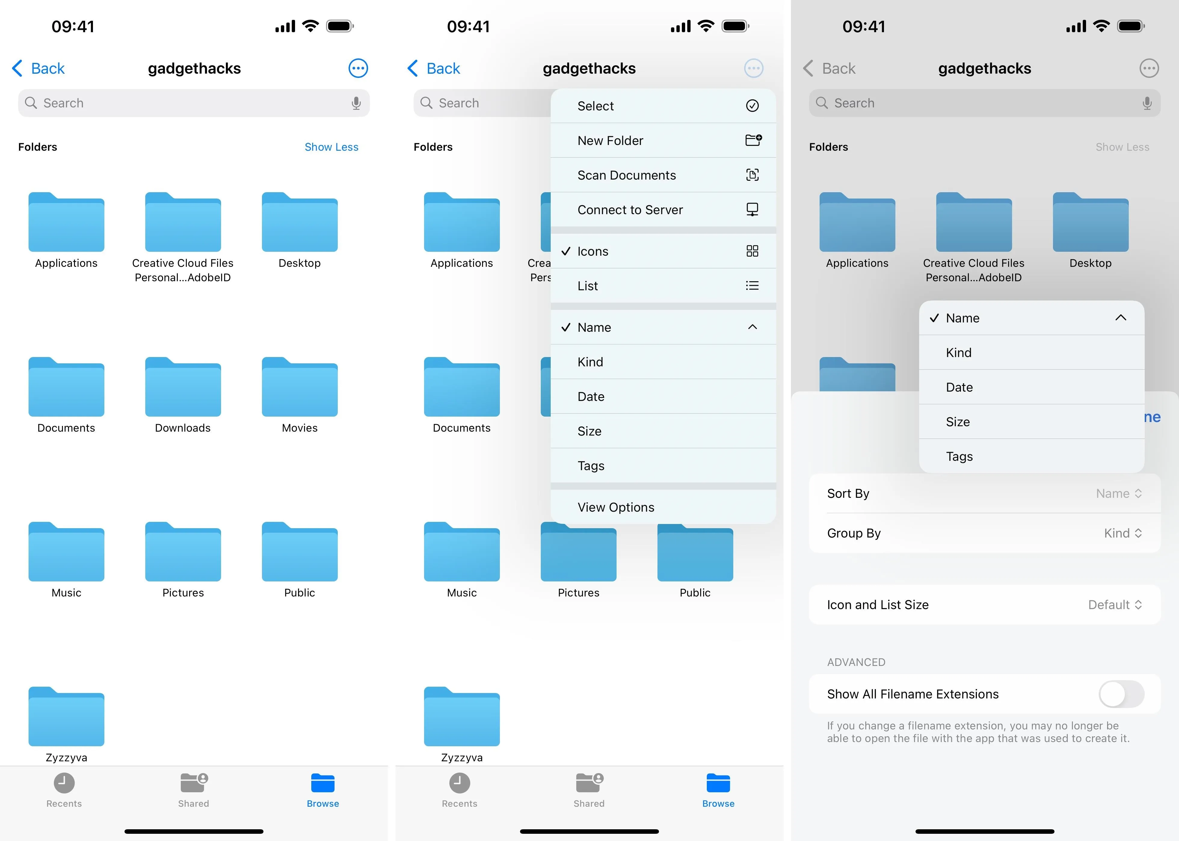 Screenshot of a mobile device's file management interface displaying various folders and their options.