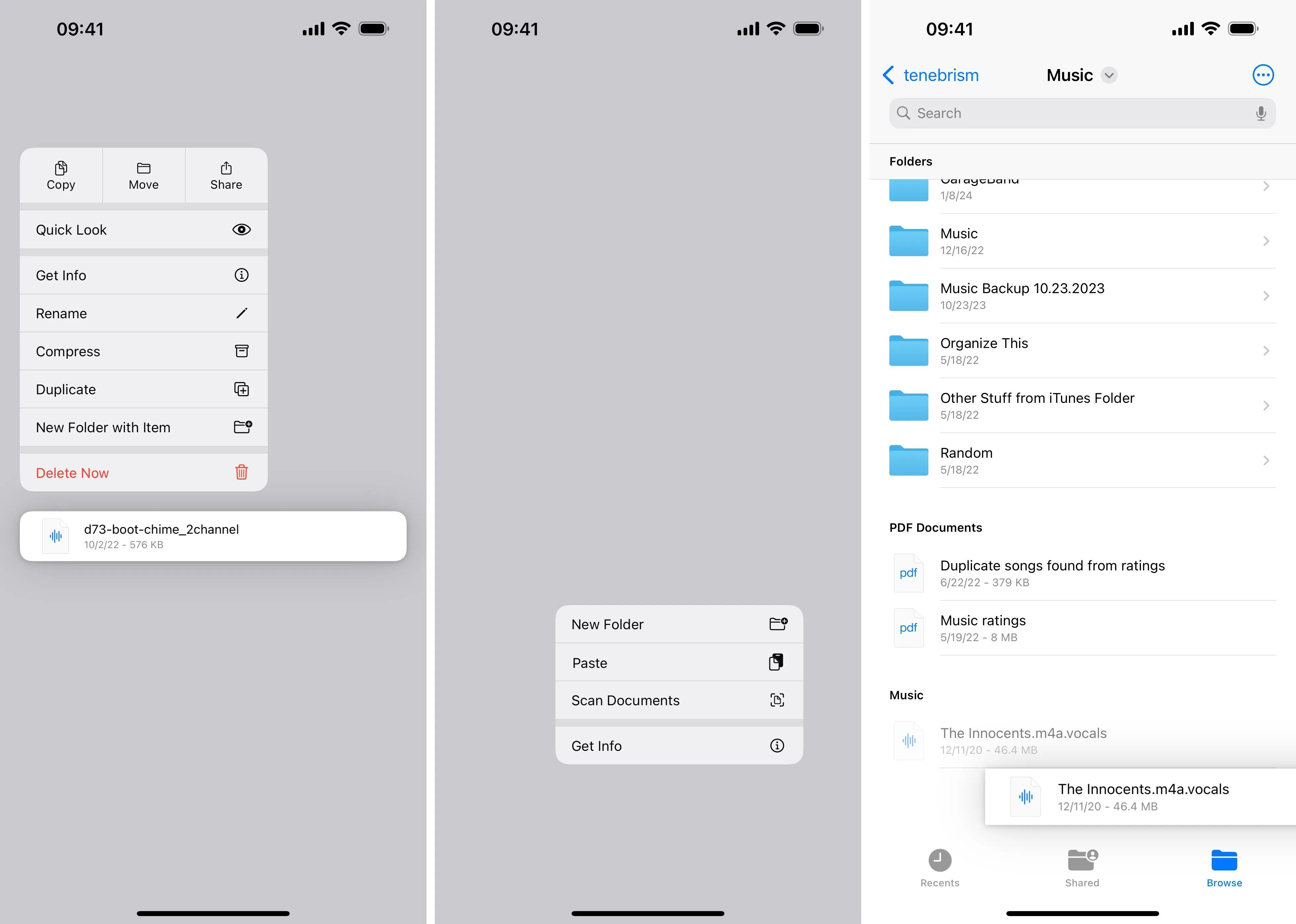 Screenshots of a mobile device showing file management options and directory structure.