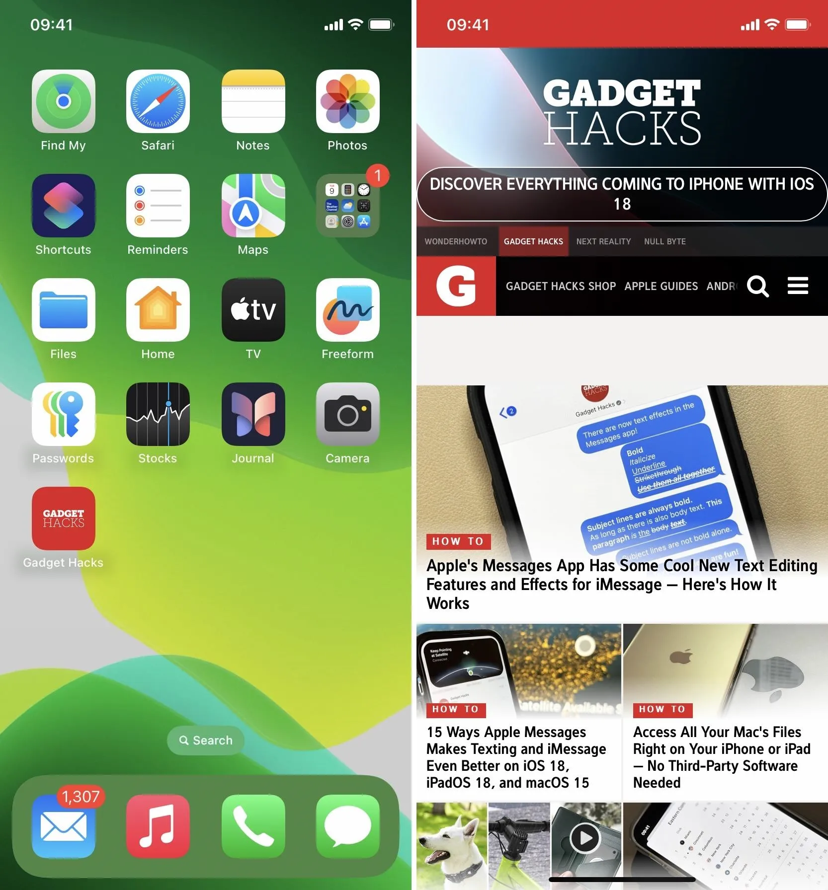 Smartphone home screen with app icons and a webpage titled "Gadget Hacks."