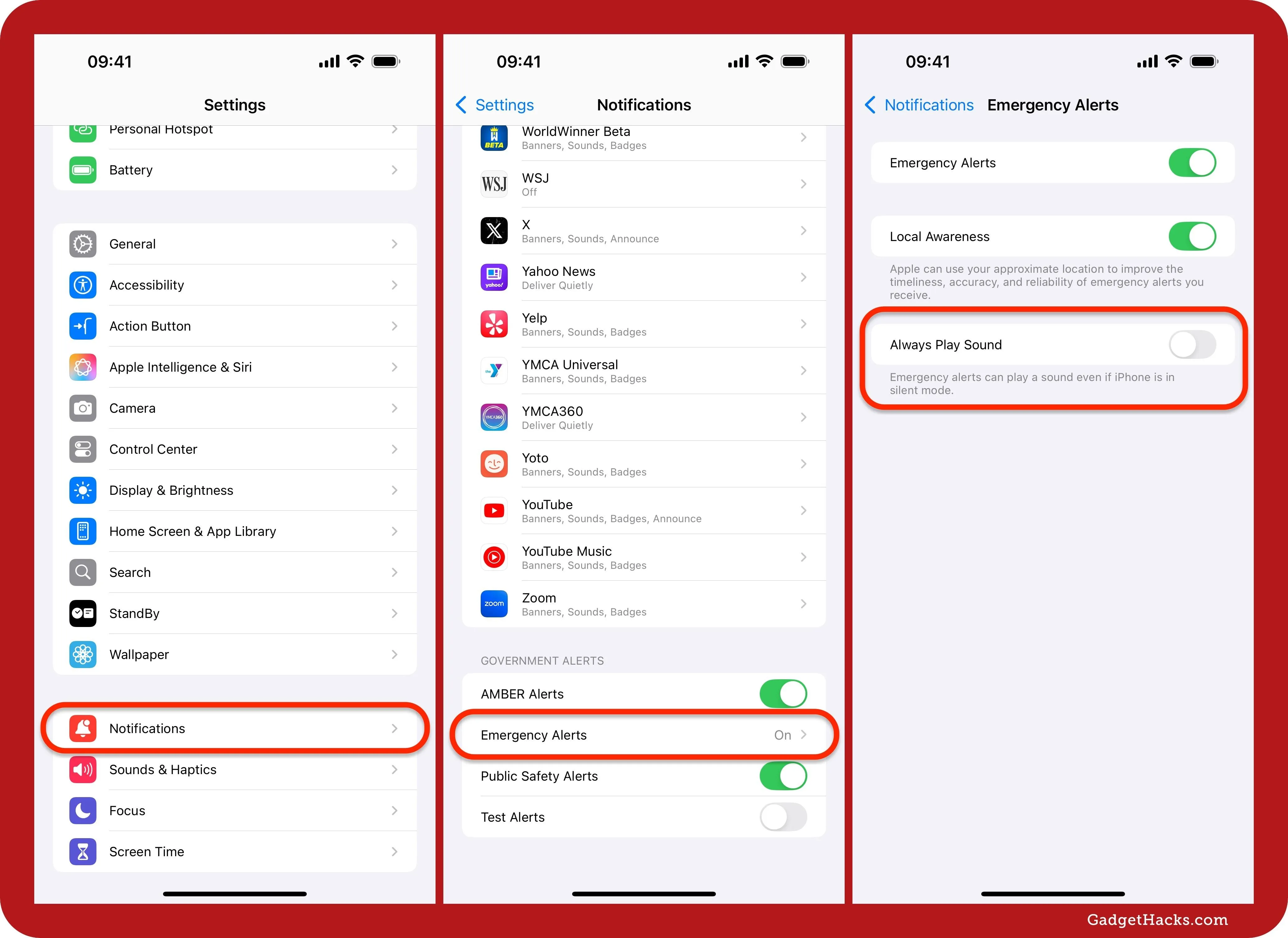 Settings menu highlighting Notifications and Emergency Alerts on a mobile device.