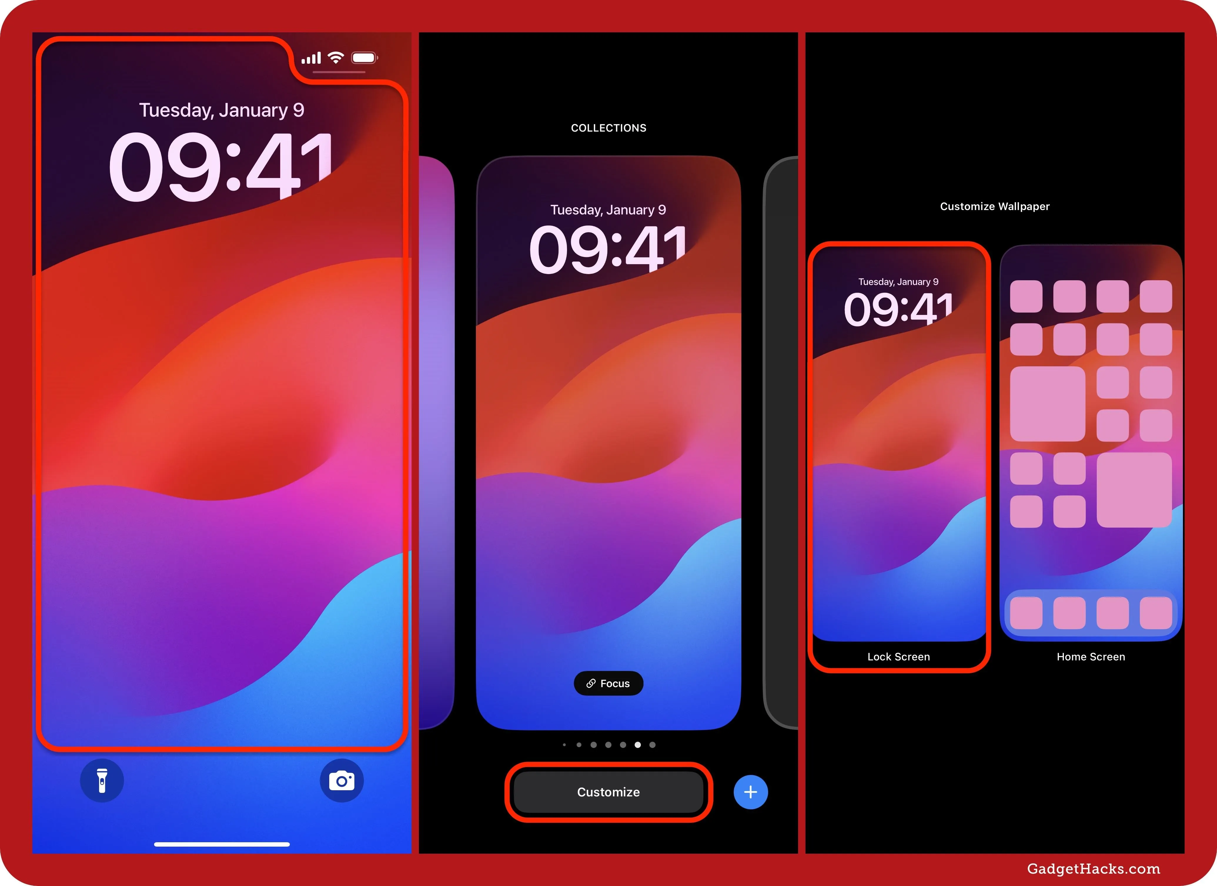 Screens showcasing a smartphone interface with a colorful background and digital clock.