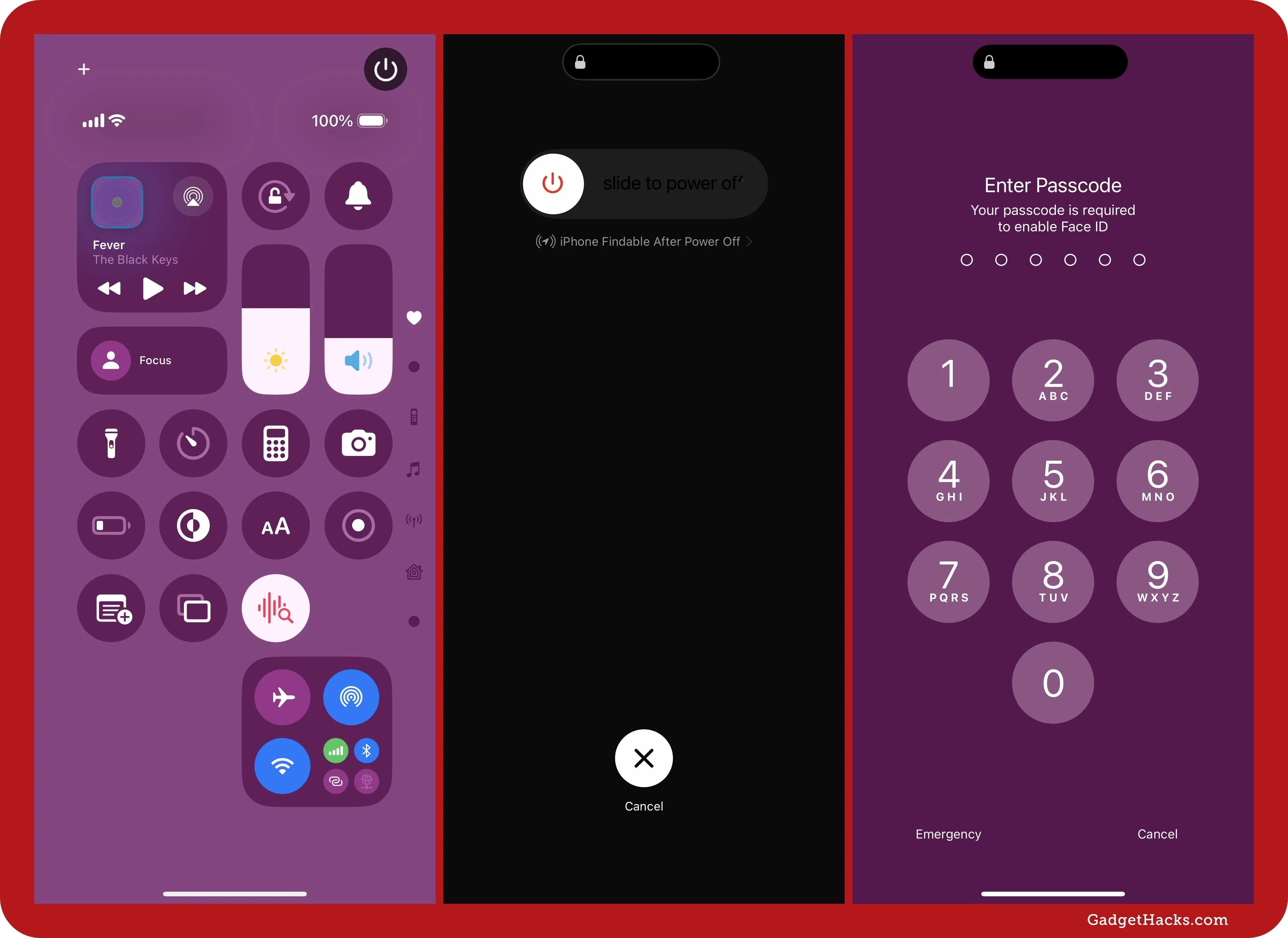 Mobile device interface with control center, dark mode screen, and numeric keypad for password entry.