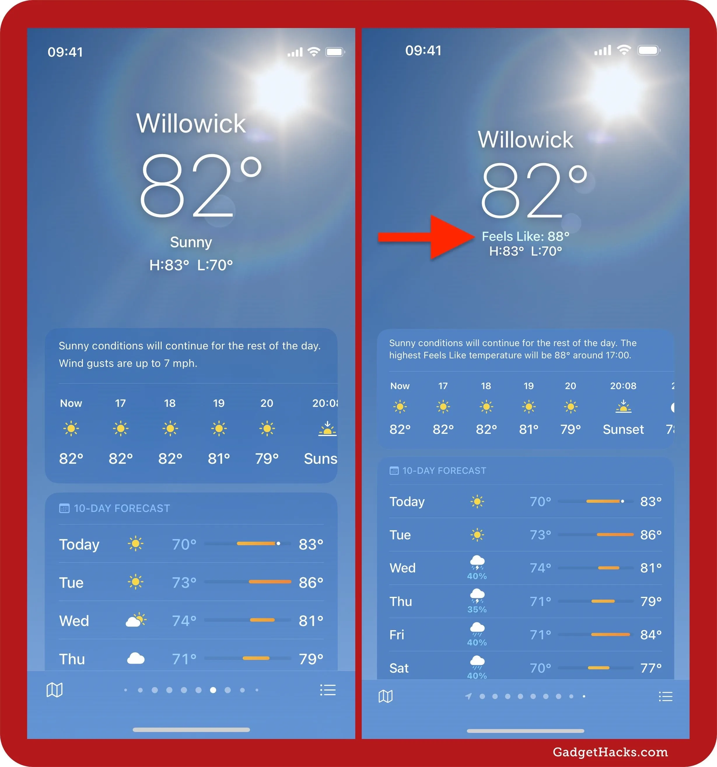 Weather app display showing temperature and forecast.