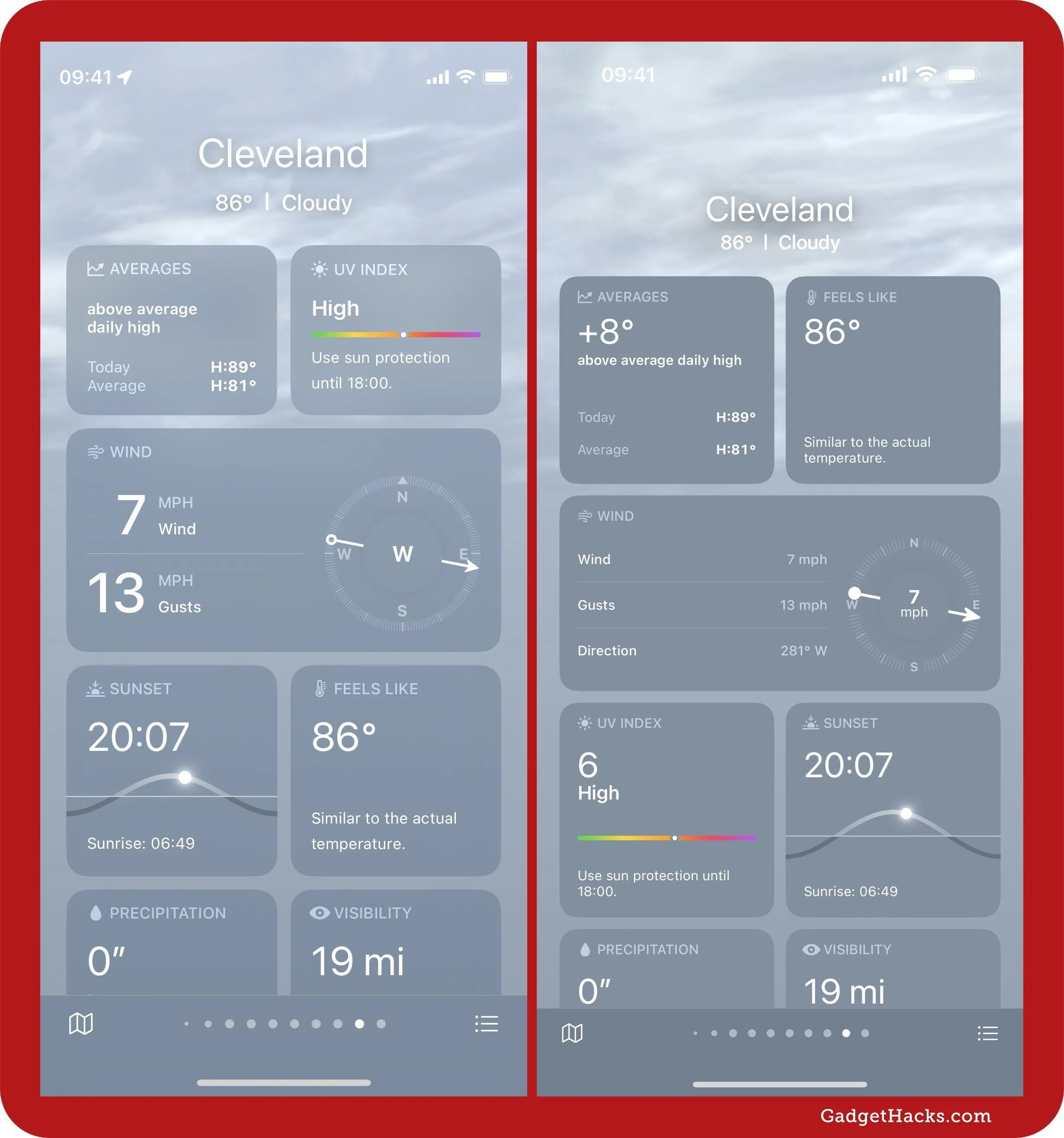 Weather app interface showing daily forecast and current conditions.