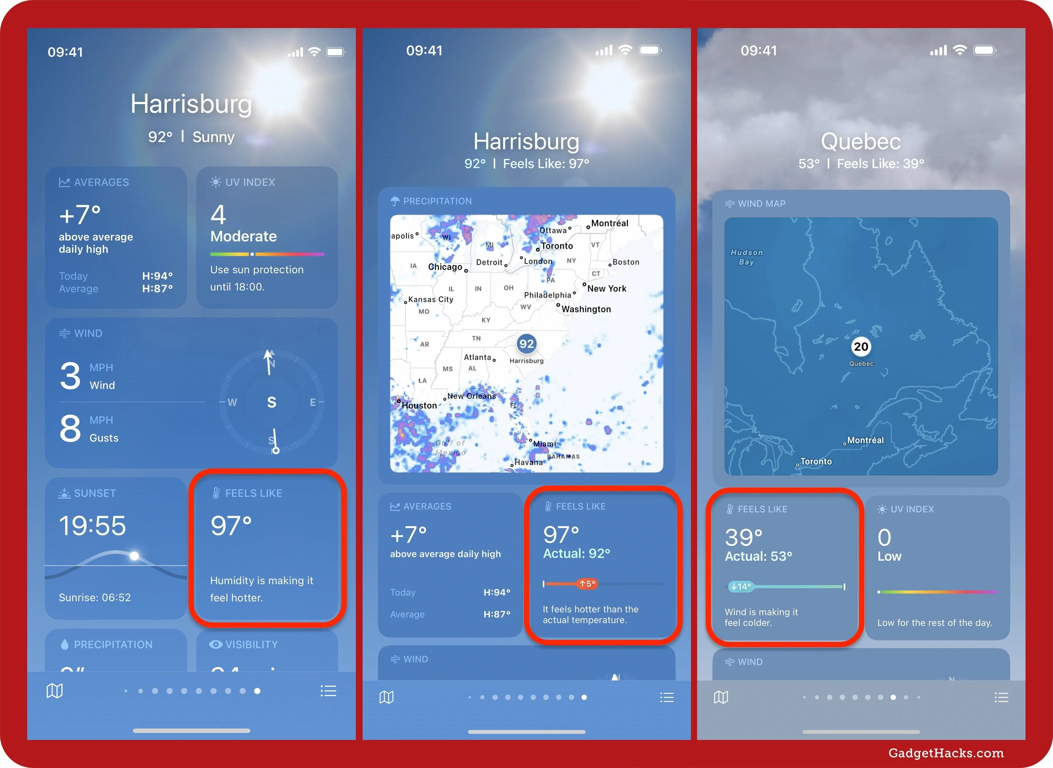 Weather forecast screenshots displaying current conditions, hourly, and weekly forecasts for Hamburg.