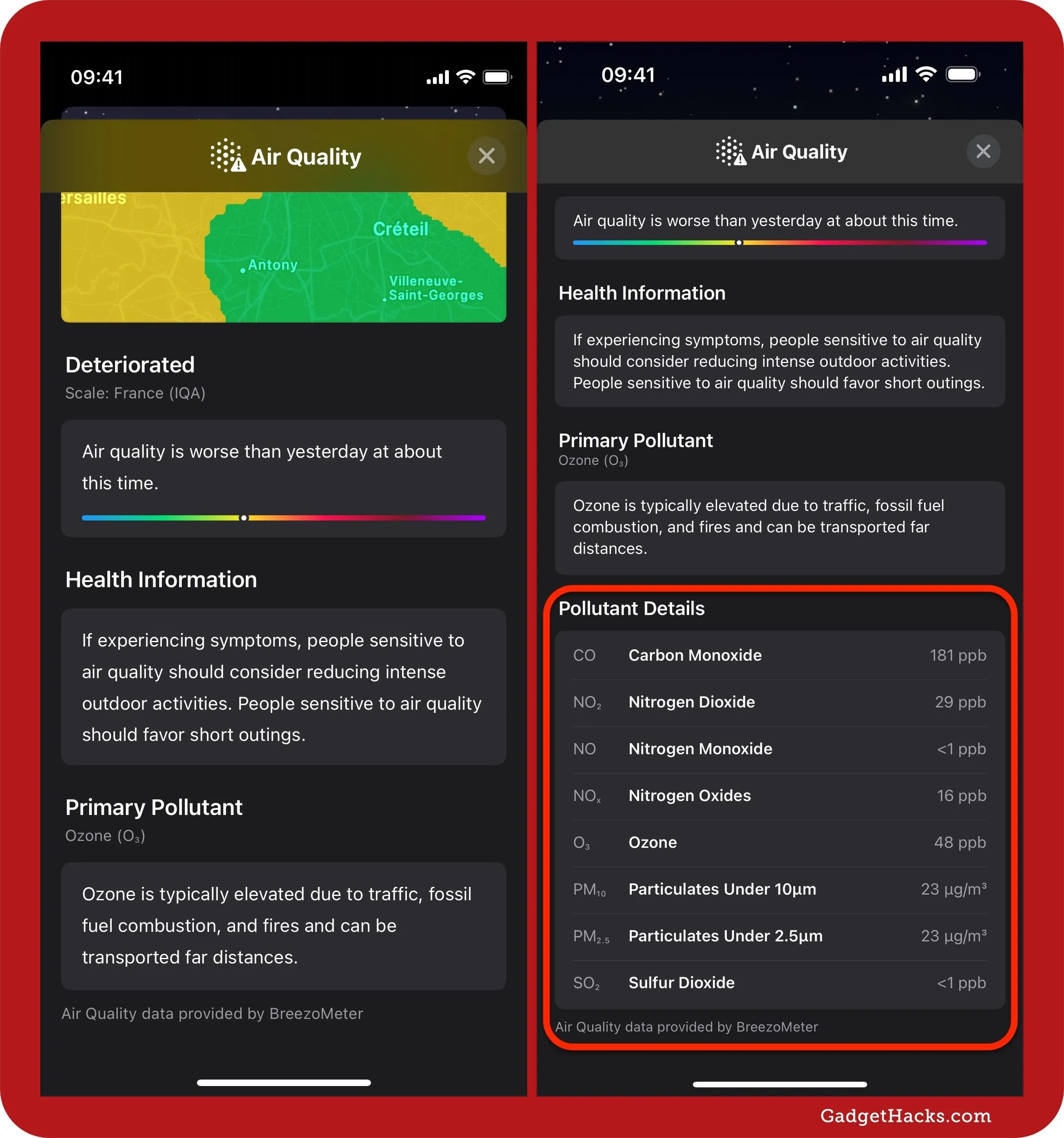 Air quality data displayed on a mobile app, showing environmental ratings and health information.