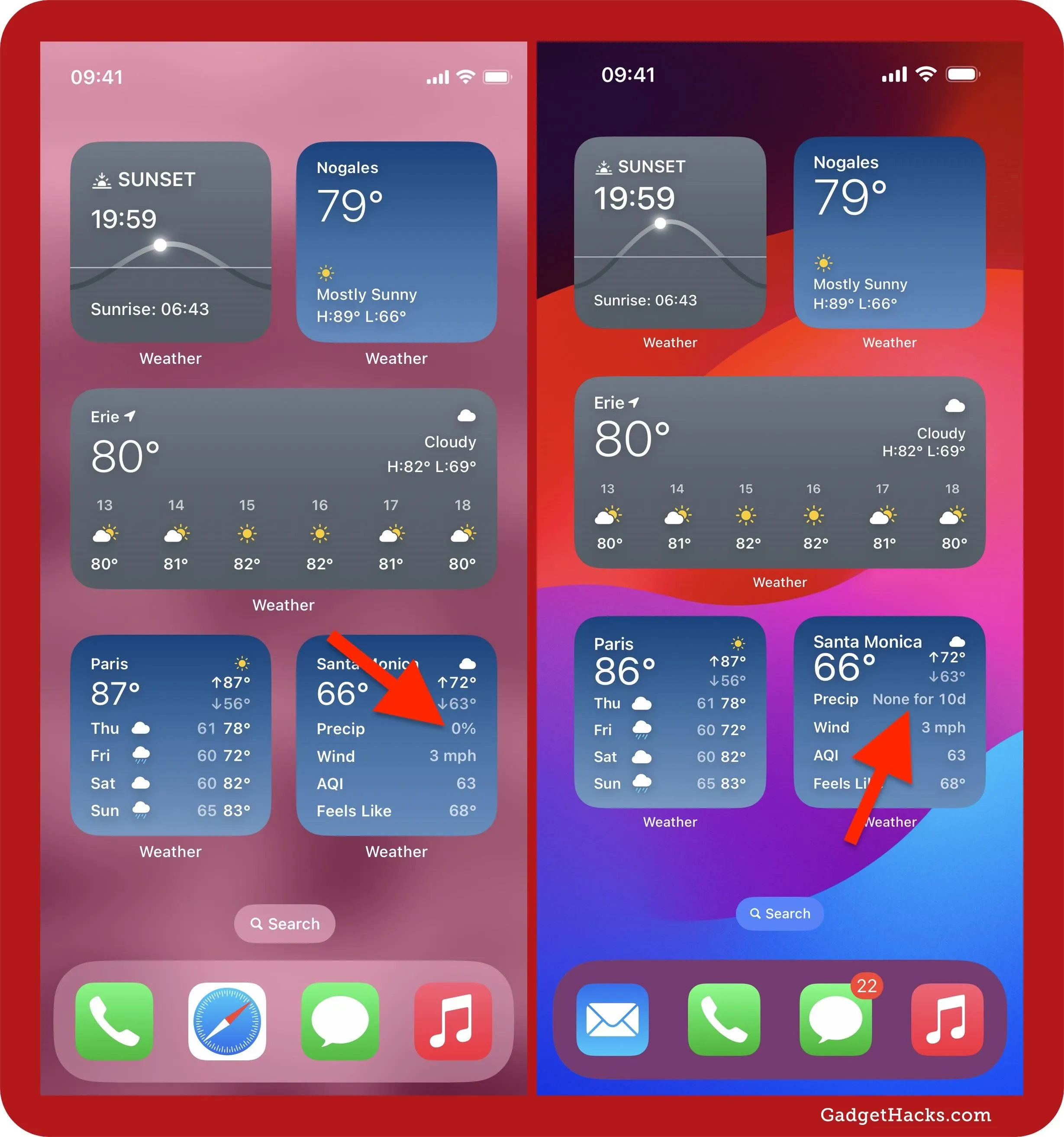 Comparison of weather app widgets on iOS devices in light and dark modes.