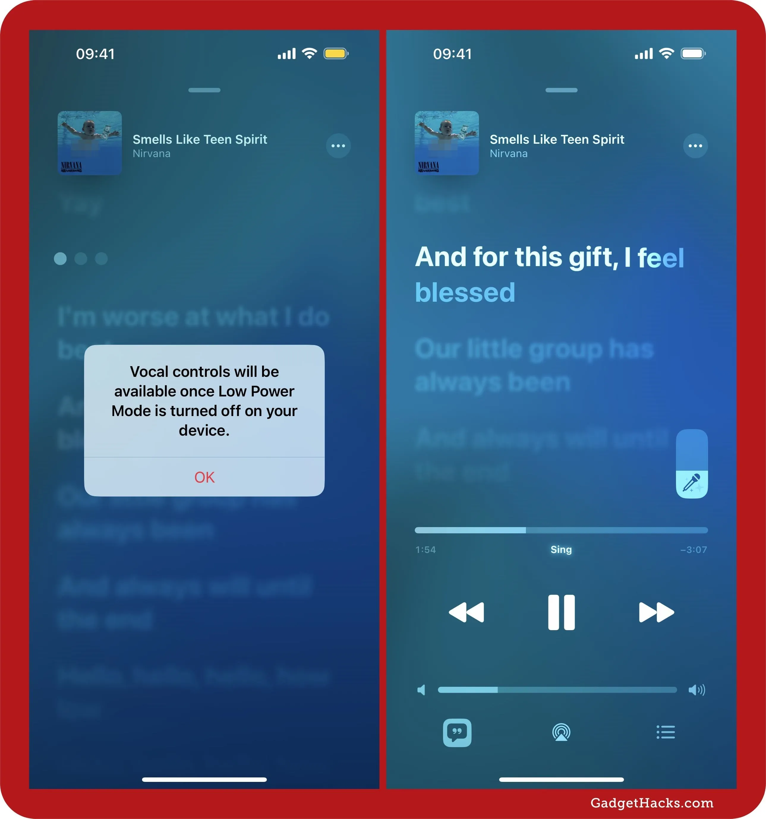 Music playback interface with song lyrics and controls displayed on a mobile device.