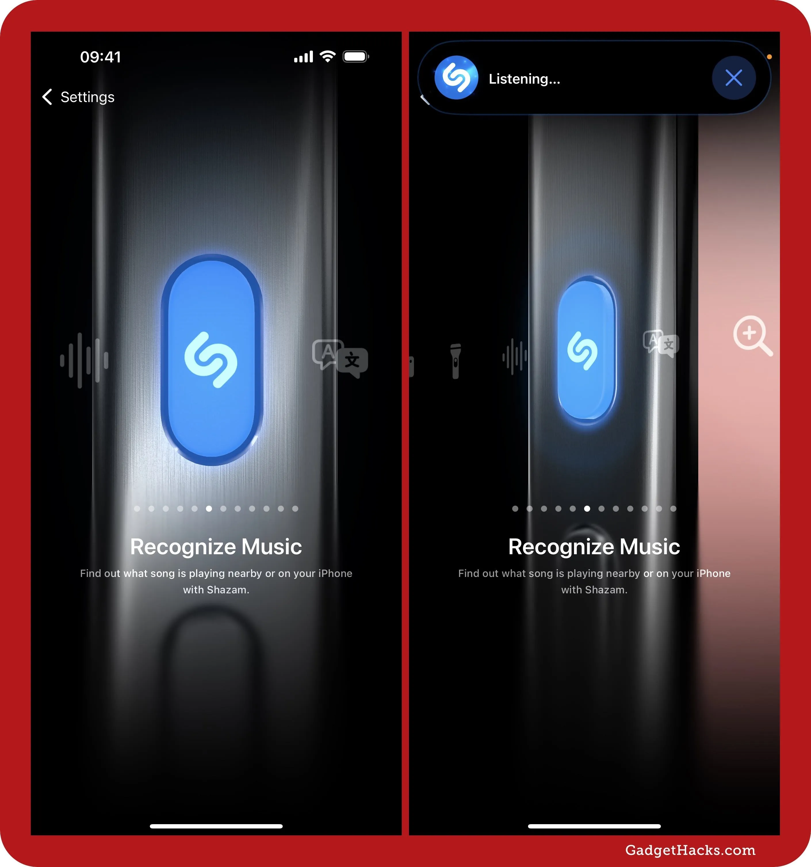 Music recognition app interface showing a blue button and search options.