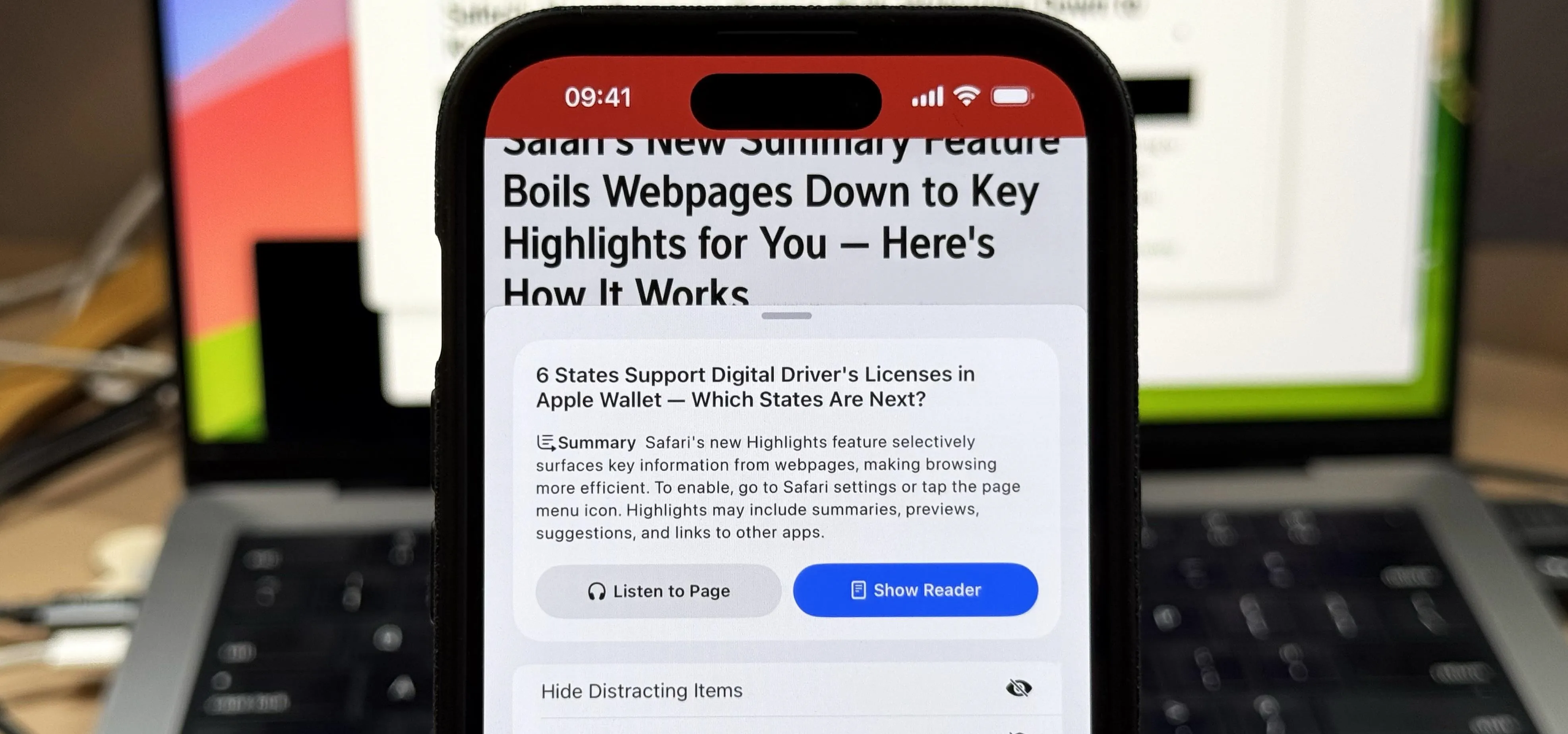 Mobile phone displaying an article about summarizing webpages.